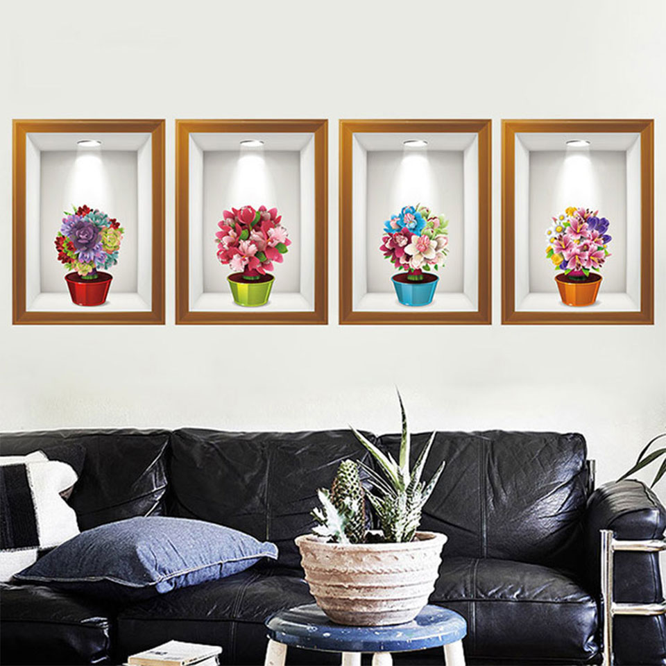 ウォールステッカー トリックアート 花 フラワー 植木鉢 額縁 北欧 貼ってはがせる ステッカー キレイ ..
