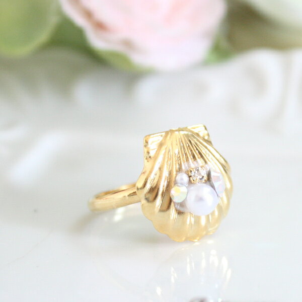 ビジュー貝殻リング（指輪）【日本製】【フリーサイズ指輪】【楽ギフ_包装選択】