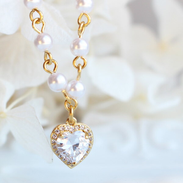 キュービックジルコニアハートのホワイトパールベースネックレス【日本製】 2