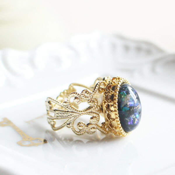 ネイビーブルーカボションロイヤルフレームオーバル透かしリング【日本製】【フリーサイズ指輪】 2