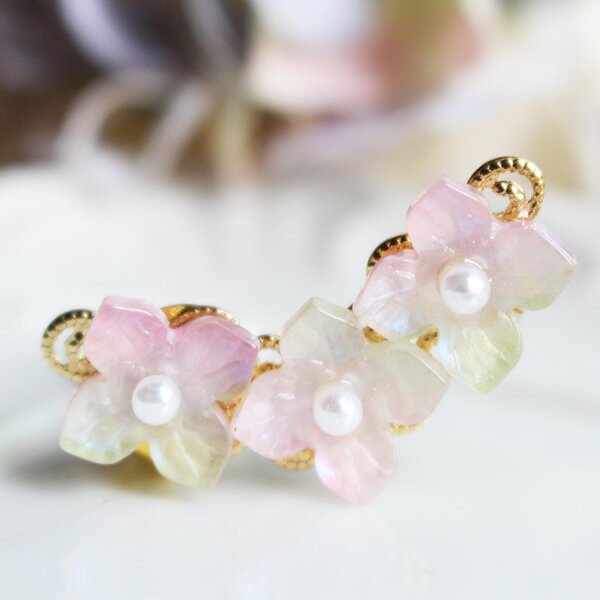 Rolianne -pink made-の【片耳販売】ピンク～グリーン紫陽花イヤークリップ（クリップ式イヤリング）【日本製】｜アングル2