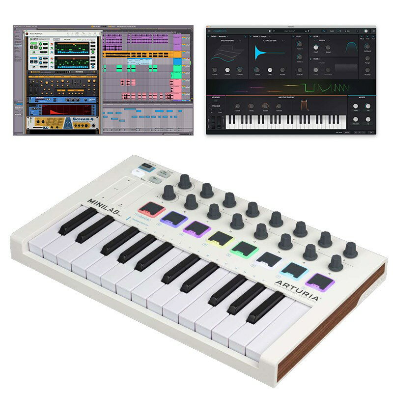 楽器種別：新品MIDIコントローラー/Arturia 商品一覧＞＞MIDIコントローラー【10，000円〜30，000円】 商品一覧＞＞1998年開店 渋谷発・国内最大級DJ機器専門店です！Arturia 【デジタル楽器特価祭り】MiniLab MkII Special Set【数量限定スペシャルバンドル】 DTM MIDI関連機器商品説明★多機能でコンパクトなMIDIコントローラー「MiniLab MkII」に、ソフトシンセ「Pigments」とReason StudiosのDAW＆プラグイン「Reason＋」をバンドルしたスペシャルセット!■セット内容■・MiniLab MkII・Pigments・Reason＋（1年間ご利用いただけるサブスクリプション版）-----MiniLab MkIIは、サウンドデザイン、パフォーマンス、音楽制作の世界をさらに拡げるパワフルなコントローラー。ベストなコントロール体験のために、MiniLabの各ポイントを再発明。プレイアビリティの高いミニ・キーボード、反応が良く、高い耐久性のパフォーマンス・パッド、ぐらつきを一掃したロータリー・ノブ、これらすべてをコンパクトで使いやすく、堅牢なボディに搭載しました。手にしたその瞬間からプロフェッショナルな音楽制作が可能な、各種ソフトウェアを付属。伝説的なシンセ、ピアノ、オルガンやストリングス・マシーンのサウンドを豊富に内蔵したAnalog Lab Lite。レコーディングやアレンジができ、音楽的アイディアを最終的な作品に仕上げることができるAbleton Live Lite。そして、スタインウェイModel Dコンサート・グランド・ピアノを再現したUVI Grandを付属しました。音楽を探求する旅が、ここから始まる。■主な特長◎25鍵ベロシティ・センス付きスリム・キーボード◎2バンク×8個の高品位ベロシティ＆プレッシャー・センス付きパッド（RGBバックライト付き）◎16個のロータリー・エンコーダー（うち2個はクリック対応）◎2個の静電容量式タッチ・センサー（ピッチ・ベンド、モジュレーション・ホイール）◎8個のユーザー・プリセット◎サステイン・ペダル端子◎オクターブ・アップ/ダウン・ボタンにより全音域をカバー可能◎USBバスパワー対応◎USB/MIDIクラス・コンプリアントによりドライバー不要◎Mac/PC対応◎ケンジントン・セキュリティ・スロット装備■外形寸法および重量◎外形寸法：355 (W) x 220 (D) x 50 (H) mm◎重量：1.5kg■付属ソフトウェア◎Analog Lab Lite自分だけのビンテージ・キーボード・コレクション。Analog Lab Liteは、数々の賞に輝いたArturia V-Collectionから厳選された膨大なサウンドにアクセスでき、極上のソフトウェア・インストゥルメントの世界を堪能できます。アナログ・シンセをはじめ、当時の音楽シーンを塗り替えたデジタル・ワークステーション、オルガンやストリング・マシーン、そしてピアノ、17種類の伝説的インストゥルメント・サウンド、そのすべてをArturia独自のTrue Analog EmulationRテクノロジーで鮮やかに再現しました。◎Ableton Live Lite最も自由度が高く、人気絶頂の音楽制作プラットフォームの世界へ。初心者からプロまで、あらゆるミュージシャンに人気のAbleton Live Lite。革新的な2タイプのワークフロー、タイム・ストレッチ機能やピッチ・シフト機能、そして膨大なスタジオ・クオリティのエフェクトを内蔵し、プロ・クオリティのトラックを瞬時に作成できます。◎UVI Grand Piano Model Dあらゆるソングライターのサウンド・パレットに欠かせないインストゥルメント。最高級のコンサート・ホールやレコーディング・スタジオでしか見られないピアノ、スタインウェイ。MiniLab MkIIがあれば、その高品位サウンドを自宅に持ち込めます。UVI Grand Piano Model Dは、スタインウェイModel Dグランド・ピアノのサウンドを精緻に収録し、あらゆるディテールも余すところなく演奏できます。※最新の動作環境はメーカーサイトにてご確認の上、お求めください。イケベカテゴリ_DTM_MIDIコントローラー_Arturia_新品 JAN:4959112238145 登録日:2022/03/08 MIDIコントローラー アートリア アートゥリア