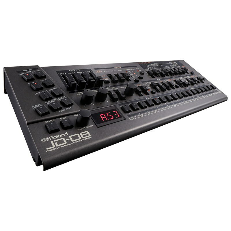 楽器種別：新品Roland/新品 商品一覧＞＞シンセサイザー・電子楽器【35，000円〜75，000円】 商品一覧＞＞シンセサイザー/音源モジュール/Roland 商品一覧＞＞1998年開店 渋谷発・国内最大級DJ機器専門店です！Roland JD-08(SOUND MODULE) シンセサイザー・電子楽器 シンセサイザー商品説明★壮大かつ印象的なコントローラー、サウンド、外観を備え90 年代のシンセサイザー・シーンを席巻したJD-800 をコンパクトな筐体へ凝縮。レトロなワークフロー、革新的なサウンド、パワフルなエフェクトを備えたJD-800 は、90 年代以降のトップ・エレクトロニック・ミュージック・プロデューサーを中心に人気を博しました。JD-08 は、108 種類もの波形と高度なモデリング技術を組み合わせることにより、オリジナルを超える豊かなポリフォニーや2 パートのポリフォニック・シーケンサーをはじめ、現代の使用に最適なアップデートを加え、オリジナルの絶妙なハンズオン・サウンド・デザインを提供します。◎高度なモデリング技術により実現したオリジナルJD-800のサウンドとふるまい◎サウンド・デザインの可能性を広げる108種類もの波形を搭載◎オリジナルJD-800からの64種類のプリセット音色に加えて、21種類の新規プリセット音色を追加◎モーション・レコーディング、ランダム・パターン・ジェネレーター、および128パターンのメモリーを備えた2パート、64ステップ・ポリフォニック・シーケンサー◎アルペジエーター機能◎4パート構造によるトーン・レイヤー◎JD-800独自の2系統マルチ・エフェクト・セクションの再現◎ディストーション、フェイザー、スペクトラム、エンハンサー、ディレイ、コーラス、リバーブを搭載◎パラメータをすばやく調整するためのパレット・スライダー◎USBオーディオ／MIDIインターフェース、フルサイズMIDI I/O、およびEXT CLOCK INを搭載●指先から触発されるサウンド・デザイン90年代初頭、ハンズオン・コントロールによるサウンド・メイクを主体とせずに、プリセット音色主体のデジタル・シンセサイザーが主流となっていました。 JD-800は1991年にその流れを一変させます。巨大なコントロールを搭載したパネルとサウンド・パレットにより、シンセサイザーの世界をサウンド・メイクというそのルーツに立ち返らせました。JD-08は、オリジナルJD-800から64種類のプリセット音色を搭載し、JD-800の複雑で新鋭的なサウンドの中核となる、4トーン構造、108種類の波形、および独自の2系統マルチ・エフェクトを完全に再現しています。●現代のスタイルに向けて拡張されたサウンドJD-08はJD-800のオリジナル・デザインを継承しつつ、その音楽体験を更に高いレベルへと引き上げるための、さまざまな改良が施されています。新規搭載のパッチと256のメモリー機能により、膨大なコントロールを深く掘り下げて新しいサウンドを作成できます。また、オリジナルを超える豊かなポリフォニーと2つのパートからなるマルチ・ティンバーにより、サウンド・メイクのアイデアが一層広がります。●楽曲に躍動感を与えるオンボード・ツールお好みのパッチを決めたら、2パートのポリフォニック・シーケンサーを活用して、リードやベースライン、またはコードなどを入力し、お持ちの他の楽器と同期演奏をさせることができます。また、モーション・レコーディングとアルペジエーターを利用して、サウンドに活き活きとした動きを与えることができます。●外部機器との同期演奏に最適なインターフェースJD-08はUSBオーディオ/ MIDIインターフェースを搭載し、さまざまなDAWや外部機器と同期させた演奏やレコーディングを行うことができます。 フルサイズのMIDI は、他のMIDIハードウェアとのインターフェースにも使用できます。 JD-08のシーケンサーとアルペジエーターをビンテージのアナログ楽器やユーロラック・システムで駆動するためのEXT CLOCK INも搭載しています。●用途に合わせたオプションコンパクトなJD-08は場所を選ばず、マスター・キーボードやDAWから簡単にコントロールできます。 単三電池で長時間動作でき、外出先で便利なサウンド・モニタリング用スピーカーも内蔵しています。洗練された外観を保ち3段階の傾斜角度を設定できるDK-01 Boutique Dockを利用したり、K-25m Keyboard Unitと組合わせてミニマム・サイズのビンテージJD-800として気軽に持ち出して演奏することができます。■仕様◎接続端子：・EXT CLOCK IN端子：モノ・ミニ・タイプ・PHONES端子：ステレオ・ミニ・タイプ・OUTPUT端子：ステレオ・ミニ・タイプ・MIX IN端子：ステレオ・ミニ・タイプ・MIDI（IN、OUT）端子・USB端子：USB Type-C（R）（オーディオ、MIDI対応）◎電源：・ニッケル水素電池（単3形）×4、またはアルカリ電池（単3形）×4・USBバス電源◎消費電流：500mA（USBバス電源◎連続使用時の電池の寿命：・ニッケル水素電池（単3形）：約6時間（容量1，900mAh使用時）※使用状態によって異なります。◎外形寸法：300（幅）×128（奥行）×49（高さ）mm◎質量（電池含む）：840g◎付属品：・クイック・スタート・「安全上のご注意」チラシ・保証書・アルカリ電池（単3形）×4イケベカテゴリ_シンセサイザー・電子楽器_シンセサイザー_音源モジュール_Roland_新品 SW_Roland_新品 JAN:4957054518325 登録日:2021/11/04 シンセサイザー 音源モジュール サウンドモジュール 音源 ローランド ろーらんど