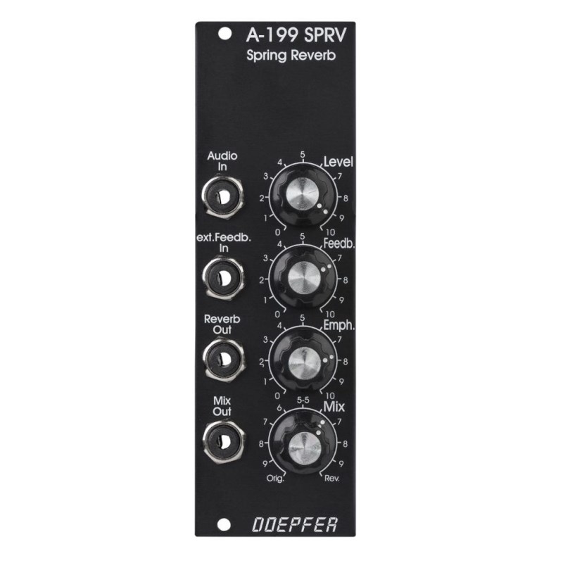 楽器種別：新品音源モジュール/DOEPFER 商品一覧＞＞音源モジュール【15，000円〜35，000円】 商品一覧＞＞1998年開店 渋谷発・国内最大級DJ機器専門店です！DOEPFER A-199V Spring Reverb シンセサイザー・電子楽器 シンセサイザー商品説明※本商品は国内正規輸入代理店商品です。海外輸入商品につき、欠品の際は超長期間の納期がかかる場合がございます。購入ご希望の際は事前にお問い合わせをいただく事をおすすめ致します。また、国内に在庫がある場合でも、アナログ製品、パーツ品等である事から、入荷までに1週間〜10日間程度お時間をいただく場合がございます。予めご了承ください。3本のスプリングを使用したリバーブです。フィードバックレベルはCVでもコントロール可能。EMPHASISパラメーターは、リバーブ音の中域（2kHz周辺）を強調することで、独特のサウンドを生み出します。リバーブタンクは別体式となっており、ノイズの影響を受けにくい位置を探して設置することが可能です。●幅8HP●奥行き50mm●消費電流+12V : 80mA-12V : 10mA●備考※モジュールの他にスプリング・タンクを取り付けるスペースが必要です。イケベカテゴリ_キーボード_音源モジュール_DOEPFER_新品 JAN:4582348929275 登録日:2024/04/25 シンセサイザー 音源モジュール サウンドモジュール 音源 ドイプファー ドゥーファー ドエプファー