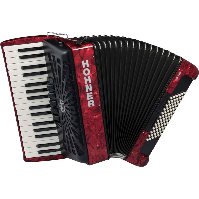 楽器種別：新品アコーディオン/Hohner 商品一覧＞＞アコーディオン【120，000円〜230，000円】 商品一覧＞＞1998年開店 渋谷発・国内最大級DJ機器専門店です！Hohner Bravo III 72 RED【カラー：レッド】 電子ピアノ・その他鍵盤楽器 アコーディオン商品説明※輸入商品につき、在庫売り切れの際は納期にお時間を頂く場合がございます。納期に関しましては、当店までお問い合わせ下さいませ。ドイツの名門アコーディオンメーカー『HOHNER』の入門用に最適なピアノ式アコーディオンです。伝統170年の技術の積み重ねにより、ハイコストパフォーマンスモデルが実現されました。ベースボタンは、ベース音および各種コードを指一本で演奏することができるため、右手のメロディに対して簡単に雰囲気のある伴奏が付けられます。右手側のトレブルリードも3系統用意されており、5種類の音色を選ぶことが可能です。本格的に独奏用アコーディオンを始めたい方にぴったりです。 ●国内正規代理店保証6ヵ月■主な仕様ピアノ・キー数 34音域 G - Eトレブル　リード / レジスター（スイッチ） 3 （MML） / 5ベース・ボタン数 72ベース　リード / レジスター（スイッチ） 4 / 2サイズ（奥行×高さ） 155mm×394mm重さ 7.4kgリードプレートクオリティ standardカラー ブラック、レッド付属品 ストラップ、ギグバッグイケベカテゴリ_キーボード_アコーディオン_Hohner_新品 JAN:4009126753780 登録日:2010/10/13 アコーディオン アコーデオン ホーナー