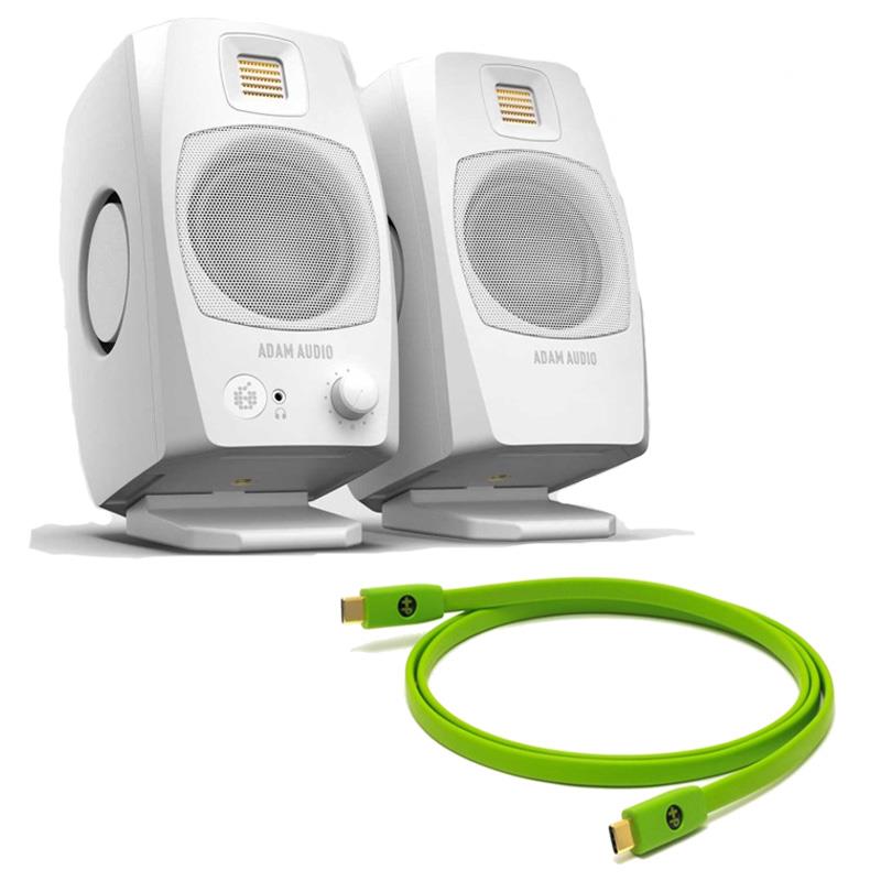 楽器種別：新品ADAM/新品 商品一覧＞＞レコーディング【25，000円〜60，000円】 商品一覧＞＞モニタースピーカー/モニタースピーカー/ADAM 商品一覧＞＞1998年開店 渋谷発・国内最大級DJ機器専門店です！ADAM D3V White + OYAIDE製高品質USBケーブルセット(Type C to C 1.0m)(ペア)(国内正規品)(アダム)(モニタースピーカー)(ホワイト)(オヤイデ) レコーディング モニタースピーカー商品説明ディスクトップモニタースピーカーの決定版「D3V」の音質をさらに向上させる高音質「オヤイデ USB Type Cケーブル」セット！PC、スマホ、タブレットのオーディオ出力向上にぜひ！【セット内容】・ADAM D3V White （JAN:4260113135341）・Oyaide d+USB Type-C to C classB/1.0【1.0m】 （JAN:4582387108990）【ADAM D3V】★最小のアダム誕生★ディスクトップ最高峰のサウンド！！ADAM Audioのサウンドを最小サイズで実現するモニタースピーカー『ADAM Audio D3V』誕生D3Vは、ADAM Audioの高品質なサウンドをPC環境で楽しみたいアーティストや作曲家、コンテンツ・クリエーター、そして音楽ファンのために作られた、デスクトップ用のコンパクトなモニタースピーカーです。ドイツの伝統的なインダストリアルデザインを取り入れ、アダムの象徴である金色のリボンツイーターを搭載しています。カラーはブラックとホワイトの2色から選べます。各スピーカーには、80Wアンプで駆動される3.5インチのアルミウーファー（フェライトマグネット採用）とパッシブラジエーター（両サイドに3.5インチ）を搭載し、45Hzまでに至る驚異的な低音を再生できます。高音の再生には、ADAM Audioの25年にわたるリボンツイーター開発の経験を活かした1.5インチのD-ARTツイーター（Desktop Accelerated Ribbon Tweeter）を搭載し、ADAM Audioのサウンドとして定評のある正確で耳が疲れにくいサウンドを提供します。アンプ内蔵型のD3VはUSB-C入力も備えており、直接PCに接続するだけで音楽を再生できます。また、モバイルデバイスともUSB-C経由で簡単に接続できるため、PCやオーディオインターフェースがなくても、音質の劣化なく高音質な音楽再生を楽しめます。さらに、USBデジタル入力に加えて、1/4インチのTRSバランス入力も備えており、アナログ機器の接続も可能です。左スピーカーの背面には、部屋やデスクサイズに合わせたDSP音響補正が可能なスイッチがあり、前面にはボリュームノブとヘッドフォンジャックがついています。ボリュームノブはオーディオ入力の切替やミュートの設定など、複数機能のコントロールに対応しています。D3Vには、リスナーの耳にスピーカーを向けるための取り外し可能なスタンドが付属しています。また、底面にはマイクスタンド用のネジ穴があるため、市販のマイクスタンドに取り付けることもできます。■機能詳細アダムサウンドを凝縮した正確で音楽的な再生能力独Klippel社による高性能なスピーカー測定システムを導入して設計が最適化されたD3Vは、非常に対称的なボイスコイルとフェライトマグネットを備えており、不要な歪みを最小限に抑え、ウーファーのリニアな動作を実現します。厚みのあるアルミニウムで作られた一体型の凹型コーンは、広くてリニアな動作範囲を持つため、非常に高い出力レベルでも色付けのないサウンドを提供します。D3Vは、4つの独立したアンプチャンネルと、DSPで管理されたクロスオーバーを備える、フルアクティブ設計のスピーカーです。ウーファーは80Wのアンプで駆動され、リンクケーブルを通じて右スピーカーに増幅された信号が送られます。四半世紀に及ぶアダムの研究開発が生み出したD-ARTツイーター四半世紀に及ぶADAM Audioのリボンツイーターの研究開発の成果として、高性能な1.5インチのD-ARTツイーターが誕生しました。ダイアフラムは手作業で折りたたまれ、40Wのアンプで各ユニットが駆動されます。ADAM Audioの他シリーズで採用されているツイーターと同様に、D-ARTは非常に精度の高いDSPによってクロスオーバーの調整が行われています。サイズを超えた驚異的な低域の再現D3Vは各スピーカーにパッシブラジエーターを2基搭載しており、システム全体で合計4つのラジエーターが低域再生を支えます。各ラジエーターは、稼働質量を最適化するためにステンレス鋼板が使われており、サスペンションには特別に安定化されたロングストロークのラバーエッジが採用されています。これにより、メインウーファーとの相互作用でディープな低域までしっかりと伸びる周波数応答を実現し、システム全体のSPLにも貢献しています。USB-C接続で簡単・高音質再生D3Vは、USB-Cによるプラグ・アンド・プレイ接続を採用し、ADAM Audioのスピーカーの中で最も使いやすいモニタースピーカーです。パソコンやスマートフォン、タブレットにダイレクトに接続するとDAコンバーターとして機能するので、オーディオインターフェースは不要です。このデジタル接続により、従来のデスクトップ型モニタースピーカーで発生する圧縮や変換なしで、高音質なオーディオ再生が可能です。DSP音響補正で、あなたの部屋を正確なリスニング環境へ左スピーカーの背面には、正確なリスニング環境を実現するための3つのスイッチがあります。「POSITION」はスピーカーの部屋内での位置、「DESK」はスピーカー前の机のサイズ、「ROOM」は部屋の吸音処理の有無を考慮し、簡単なスイッチ操作で音を最適化することができます。バランス型アナログ入力による、更なる拡張性D3VはUSB-C入力に加え、バランス型のアナログ入力も備えており、従来のアナログオーディオ再生にも対応しています。オーディオインターフェースのバランス出力だけでなく、シンセサイザー、ドラムマシン、サンプラー、DJミキサーなどのハードウェアのアナログ出力信号を直接接続することができます。USB-C入力とアナログ入力の切り替えは、左スピーカーのボリュームノブを押すことで行えます。利便性の高いヘッドフォン出力と付属スタンドD3Vは、機能性と利便性を追求して設計されています。フロントパネルのヘッドフォン出力にヘッドフォンを接続すると、再生音が自動的にヘッドフォンに切り替わります。また、15度の傾斜が可能な取り外し可能なモニタースタンドが付属しています。さらに、各スピーカーの底面には3/8インチの標準ネジ穴があり、マイクスタンドに取り付けることもできます。Designed in Germany - 音を追求した機能美D3Vのエンクロージャーは、高品質の射出成型ABSポリカーボネートで作られており、厚みのある壁と十分な補強材によって振動や不要な共鳴を防ぎます。丸みを帯びた形状は、高音域での不要な音の回折を減らし、アダムの長年にわたるインダストリアルデザインの伝統を受け継いでいます。■保証2年間の標準保証My ADAMユーザーエリアで登録すると5年間の保証に延長可能■同梱物・D3V 右モニター 1台・D3V 左モニター 1台・D3V アングルスタンド 2個・D3V デスクトップパッド 6枚・2メートルのラウドスピーカーリンクケーブル 1本・D3V 電源ユニットおよび電源ケーブル 1本・1メートルのUSB-C to USB-C ケーブル 1本・USB-C to USB-A アダプター 1個・クイックスタートガイドおよび安全・警告シート【Oyaide d+USB Type-C to C classB】★オーディオグレード、Type-C to C（USB2.0）ケーブル●PCにもインターフェイスにも、USB変換アダプターはもう必要ありませんDJやDTM、そして配信環境でのスタンダードであるMac Book ProにはUSB Type-C コネクターが搭載されています。多くのユーザーはd+USBケーブルを使用する際にType-C変換を強いられてきました。加えて、オーディオインターフェイスにもType-Cを採用した機器が多く登場したことでよりシンプルに、ダイレクトに変換なしでのUSBType-C接続が求められていましたが、d+USB Type-C to C classBの登場により可能となりました。USB変換アダプターというストレスはもう不要です。d+USB Type-C to C classBが貴方のシステムにスマートで良質なType-C 接続を提供します。●d+サウンドのクオリティーはそのままにType-C コネクターはとてもコンパクト。しかし使用するケーブルがいたずらにダウンサイズされては、多くのユーザーを満足させることはできません。d+シリーズのType-C はUSBレギュレーションの中で最大サイズを確保。スリムながらもワイドレンジなサウンドを約束します。一目でd+とわかるデザインを受け継ぐフラットケーブルとコネクターは、コネクターが変わってもd+であり続ける象徴=クオリティーなのです。●世界基準の品質管理コンパクトで利便性の高いType-C コネクター。小さく持ち運びやすいからこそ、耐久性は不可欠です。d+USB Type-C to C classBは、徹底した品質管理のもとで生産され、厳しいテストを通過したものだけが出荷されていきます。挿抜、屈曲、荷重耐久性という実使用状況下のテストだけでなく、特性インピーダンステストであるTDR（time domain reflectometry時間領域反射）試験、環境面では高低差80℃以上の高温、低温環境下で48時間以上設置しケーブルの状態および電気特性の試験、加えて80％以上の湿度下や紫外線照射テストを経て、すべての試験をパスしたものだけを出荷しています。●バッテリー駆動時に匹敵するサウンドPCにACアダプター給電した際のサウンドと、本体バッテリー駆動時のサウンドでは、AC/DCをスイッチング変換することなく本体バッテリーから直接給電する単体使用時の出音に軍配が上がります。Mac Book Proをはじめとする昨今のPCでは、給電ケーブルがUSB Type-Cケーブルを採用しているものも多くあり、これらの機器に使用する電源供給ケーブルとしてもd+USB Type-C to C classBケーブルは違いを生み出します。電源ケーブルによる出音の向上については今や論をまたず、d+USB Type-C to C classBをPCへの電源ケーブルとして使用する効能もその例外ではありません。■製品仕様◎ケーブル：USB2.0 (HI-SPEED)◎導体：高純度銀メッキOFC◎導体サイズ：23AWG / 30AWG◎絶縁体：ポリプロピレン / ポリエチレン◎シールド：90％編組+アルミマイラー◎外装：PVC◎コネクター：Type-C to C◎コネクター仕上げ：24K金メッキコーティング◎MAXスピード：480Mbpsイケベカテゴリ_レコーディング_モニタースピーカー_モニタースピーカー_ADAM_新品 SW_ADAM_新品 登録日:2026/02/21 モニタースピーカー スタジオモニター アダム アダムオーディオ