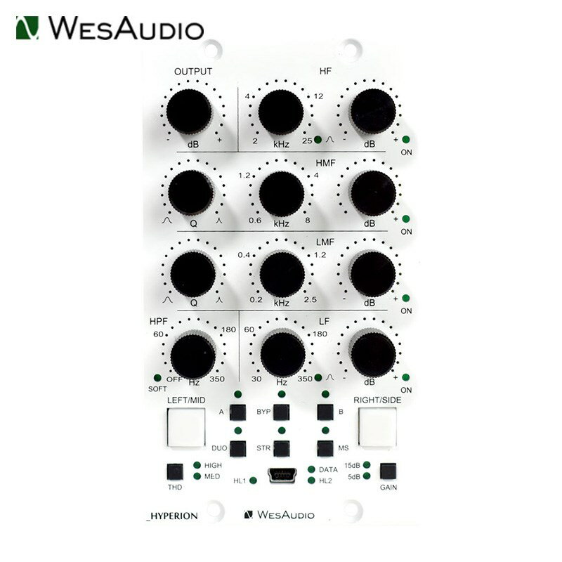 楽器種別：新品アウトボード／エフェクター/WesAudio 商品一覧＞＞アウトボード／エフェクター【145，000円〜280，000円】 商品一覧＞＞1998年開店 渋谷発・国内最大級DJ機器専門店です！WesAudio _HYPERION(Parametric EQ w/Digital Recall )（VPR Alliance）【国内正規品】(お取り寄せ商品・納期別途ご案内) レコーディング アウトボード商品説明※こちらの商品はメーカー在庫切れの際、2週間〜4週間前後お時間をいただく場合がございます。※ご利用には別途 api / 500-6B-HCなどのVPR500シリーズ専用電源を【2スロット分】必要とします。---★プラグインからデジタル・リコール可能な、ハードウェアーのアナログEQ_HYPERION（ハイペリオン）は、完全なアナログ回路で構成された、ステレオ /デュアル・モノ / MSの3モードのパラメトリック・イコライザーです。多くの革新的な機能を搭載し、+24dBのヘッドルームを獲得しています。各チャンネルには18個ものVCAを配し、ノイズレスなパラメーター・チェンジと、たいへん音楽的なイコライジングを可能にしています。_HYPERIONは、WesAudioが提唱したAPI500モジュール互換「NG500」の規格に対応しており、本体のUSBまたは_TITAN電源ラック経由で、DAW上のプラグインからのコントロールやデジタル・リコールに完全対応いたします。●Feartures:・+24dBuヘッドルーム・ステレオ /デュアル・モノ / MSオペレーション・モード・4バンドEQ（5dbまたは15dBのブースト/カット・レンジ切替）・High - 2kHz 〜 25kHz (ピーキング or シェルビング)・High-Mid - 600Hz 〜 8Khz（w/ Qコントロール）・Low-Mid -200Hz 〜 2.5Khz（w/ Qコントロール）・Low -30 Hz 〜 350Hz (ピーキング or シェルビング)・ハイパス・フィルター（12dB/Oct または 6 dB/Octスロープ）・各バンドごとに独立したバイパス・スイッチを用意・完全にノイズレスなパラメーター・チェンジ・アナログ特有のサチュレーションを加えられるTHDモード搭載・フレキシブルなDAW/Liveプラグインによるトータルリコール・12のタッチ・センシティブなエンコーダーを利用した滑らかなオートメーション書き込み・トゥルー・バイパス・入出力メータリングとクリップ監視・A/B比較試聴のための機能●革新的なハードウェア回路設計_HYPERIONはフル・アナログのEQデバイスで、+24dBものヘッドルームを確保しています。18個のVCAを各チャンネルに配した革新的なデザインが、ノイズレスで音楽的なイコライジングを可能にしています。●4バンドEQ構成4バンドのEQ構成に、ブースト/カットのゲインレンジを5dBまたは15dBで切り替えできるフレキシブルな構成。・High - 2kHz 〜 25kHz (ピーキング or シェルビング)・High-Mid - 600Hz 〜 8Khz（w/ Qコントロール）・Low-Mid - 200Hz 〜 2.5Khz（w/ Qコントロール）・Low - 30 Hz 〜 350Hz (ピーキング or シェルビング)●3つのオペレーション・モード（Stereo/Dual Mono/MS）_HYPERIONはステレオ /デュアル・モノ / Mid-Sideの3タイプのモードを搭載しています。様々のアプリケーションにフル対応できます。●ハイパス・フィルター-12dB/octまたは-6dB/octスロープのハイパス・フィルターを利用可能です。●各バンドごとにバイパス・スイッチを配備比較しながらのサウンドメイクがしやすい、各バンドごとに個々にバイパスすることが可能。従来にない使いやすさを実現しています。●ミックスにカラーリングを行うTHDモード搭載THD(Total harmonic distortion)モードにより、シグナルに美しいアナログ・カラーのサチュレーションを与えることができます。●DAWからのプラグイン・コントロール（デジタル・リコール）すべての操作やモードに同期するプラグイン（ステレオまたモノ）により、本体ハードウェアーとプラグイン双方からの操作をリンク。入出力のメータリングやクリップなどの管理はもちろん、セッションごとの設定の「トータルリコール」や「オートメーション」が自由自在に行えます。もちろん音声信号は完全なアナログパスなので、ピュアなアナログ・イコライジングを実行できます。プラグイン・ソフトウェアはAAX/AAX DSP/VST3/VST2/AUに対応し、無償で入手することができます。■スペックFrequency response:10Hz-150kHz (-2dB)THD+N：all bands gain 0 0.003% (1kHz，0dBu)THD+N：+15dB band boost: ＜0.15% (1kHz，0dBu)Input impedance：10kohmOutput impedance：＜100ohmMax signal level：+24dBuCrosstalk：＜ -100dBTHD (MID switch)：1%THD (HIGH switch)：2.5%Power consumption：150mA per railDimensions：76x133x158mm※コントロールプラグインの最新動作環境はメーカーサイトにてご確認の上、お求め下さい。イケベカテゴリ_レコーディング＆PA機器_アウトボード／エフェクター_WesAudio_新品 JAN:4560482826612 登録日:2018/05/29 アウトボード