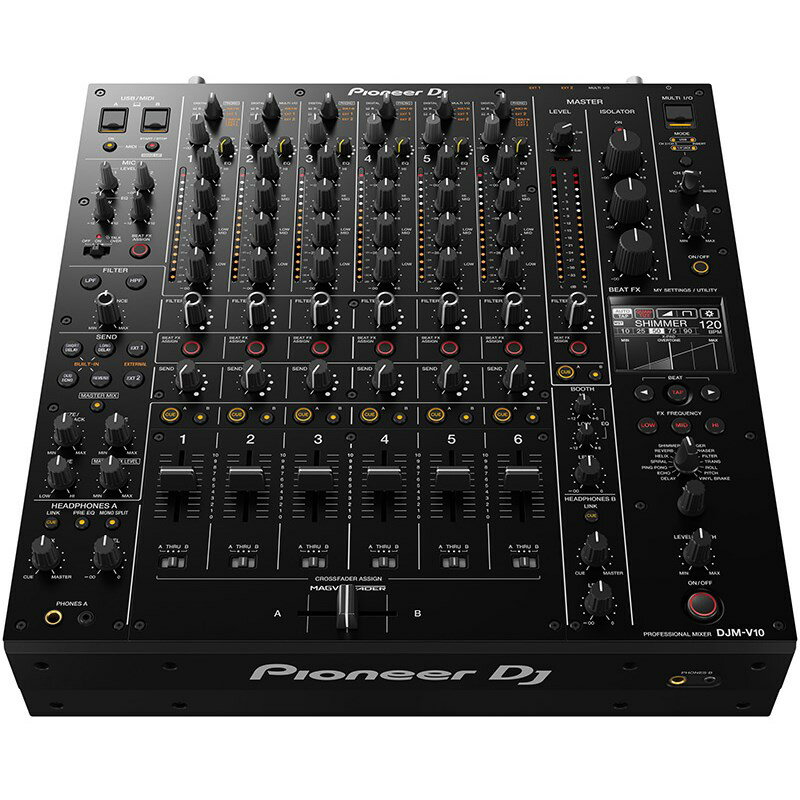 楽器種別：新品DJミキサー/Pioneer DJ 商品一覧＞＞DJミキサー【290，000円〜550，000円】 商品一覧＞＞1998年開店 渋谷発・国内最大級DJ機器専門店です！Pioneer DJ DJM-V10 DJ機器 DJミキサー商品説明自在に音を操り創造的なパフォーマンスを実現する6ch プロフェッショナルDJミキサーDJM-V10は、楽曲や多様な音源の繊細な調整・加工を可能にすることで独創的なサウンドを生み出すミキシングパフォーマンスを実現する、新しいDJミキサーです。ブランドとして目指す音質を再定義し、パーツの再選定など細部にわたりチューニングを施すことにより、大音量でも聴き疲れしないいつまでも踊り続けていられるような音質を実現しました。■高音質設計引き締まった低域、臨場感溢れる中域、高解像度な高域により、陶酔感を呼び起こすクラブサウンドを実現しました。スタジオクオリティの96kHz/64bitミキシングDSP処理を採用しました。CH入力部には32bit高音質A/Dコンバータを搭載。MASTER出力部、BOOTH出力部にESS Technology社製32bit高音質D/Aコンバータを採用。その他音質パーツについても最適化を行い、音質を向上させました。また、業務用デジタル音声出力のAES/EBU端子を搭載し、大規模な会場においても最高の音声を劣化することなく届けることを可能にしました。■多彩な入出力端子マルチプレーヤー、ターンテーブルに留まらず、サンプラー、シンセサイザー、ドラムマシンなど様々なラインレベルの入力に対応しています。また、背面のアナログ端子とトップパネルの各CHを同一ライン上に揃えたことで、DJブースからのアクセスをスムーズにします。■より自然かつ繊細なミックスを可能にするチャンネルストリップ詳細な調整を可能にする4 BAND EQやCOMPRESSORを搭載し、クリエイティブなミキシングパフォーマンスをサポートします。■よりクリエイティブな音楽表現を可能にするエフェクト機能内蔵エフェクトとしてSHORT DELAY， LONG DELAY， DUB ECHO， REVERBを搭載しました。さらにそのエフェクト音をCHに戻し、EQやFILTERを重ねることができます。また、2系統の1/4 TS jackの搭載により、ギターペダルなどの外部エフェクターを接続し、自由度の高いセットアップにさらなるオリジナリティを追求した音楽表現ができます。■3バンドMASTER ISOLATORより楽器的なコントロールを可能する、3バンドMASTER ISOLATORを搭載しました。各バンドの中心周波数、次数、ブースト・カット量を最適化したことにより、楽曲や音源を組み合わせて作り出した一つのサウンドを大きなノブでダイナミックに変化させることができます。■快適なモニター環境B2B（Back to Back）中にモニタリングを快適にする機能や、DJブース内のモニタリング環境を自分好みに変更する機能を搭載しています。ヘッドホンCUEボタン、音量ノブ、MIXバランスノブを2系統搭載しました。完全独立の2つのヘッドホンセクションにより、B2B(Back to Back)におけるモニタリングをより快適に行うことができます。2BandのBooth EQの搭載により、DJブース内のモニタリング環境を自分好みに変更することができます。フロアとDJブース内の音響バランスをより近づけるなどの使い方により、より快適なモニタリング環境を構築できます。●付属品・DJM-V10・Power Cord・Warranty (for some regions)・Quick Start Guide・Precautions for Use●寸法437.6 mm x 107.9 mm x 467 mm ●重量11.9 kgイケベカテゴリ_DJ機器_DJミキサー_Pioneer DJ_新品 JAN:4573201241849 登録日:2020/01/16 DJミキサー パイオニア パイオニアDJ