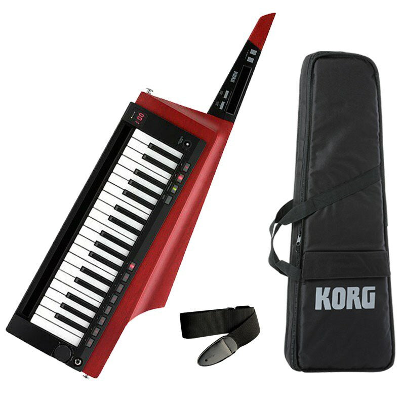 楽器種別：新品シンセサイザー/KORG 商品一覧＞＞シンセサイザー【45，000円〜90，000円】 商品一覧＞＞1998年開店 渋谷発・国内最大級DJ機器専門店です！KORG RK-100S 2 RD(レッド)(KEYTAR) シンセサイザー・電子楽器 シンセサイザー商品説明★さらに美しく。コルグの誇るキーターが待望の復活。登場以来、誰もが手に取ってみたくなる存在感で高い人気を得たRK-100S。惜しまれながらも生産終了となったその名機が、待望の再登場です。オリジナルRK-100から引き継がれる木製ボディはそのままに、美しい木目が際立つ上質なシースルー仕上げを新たに採用。ソロ演奏に最適な音色プログラムも多数強化し、すべてのミュージシャン／パフォーマーをよりアグレッシブなステージングへと誘います。RK-100Sの新しい伝説が、いま再び。◎木目が美しく映えるクリア・フィニッシュ。◎ソロで存在感を発揮する新搭載プログラム。◎弾きやすさを実現した37鍵スリム鍵盤。◎パフォーマンスの可能性を広げる2つのリボン・コントローラー。◎長時間対応の電池駆動。◎ステージングにアクセントを加えるボコーダー機能。◎マスター・キーボードとしても活躍。◎ソフト・ケースなど充実の付属品。●木目が美しく映えるクリア・フィニッシュ。RKシリーズ最大の魅力は、鍵盤楽器の枠に留まらない美しいボディ・シェイプにあります。ギターを強く意識した木製ボディと、力強さの中に柔らかさを取り入れたデザインが、時代を超えても変わらないカッコ良さを形作ってきました。RK-100S 2ではそのこだわりをさらに押し進め、木製ならではの木目が映えるクリア塗装を採用。1台ずつ異なる木目（※）が見えることで、これまで以上の高級感と味わいを演出します。電子楽器でありながら自分だけの特別な存在として、所有する喜びを与え愛情を注ぎ込んで頂けるよう、1台1台丹念な仕上げを施しています。※本機のボディは天然木を使用しているため、木目や節の出方に個体差があります。あらかじめご了承願います。●ソロで存在感を発揮する新搭載プログラム。リニューアルしたRK-100S 2では、内蔵プログラムを大きく刷新。リード・シンセをはじめ、ミュージシャンにとっての華となるソロ音色を中心に強化しました。また昨今の音楽シーンで多用される最新の音色も追加し、200もの即戦力プリセットでオール・ジャンルをカバー。このコンパクトなボディから放たれるサウンドは最高にパワフルです。これらのサウンドは、トップ・パネルのフェイバリット・ボタンからライブ中に即アクセス可能。豊富なパターンを備えたアルペジエーターも搭載しています。●弾きやすさを実現した37鍵スリム鍵盤。誰の手にも馴染む、主張しすぎないルックスと鍵盤。RK-100Sは定評ある37鍵スリム鍵盤を採用。全体のサイズをコンパクトにまとめて軽量化を実現しつつ、一方でミニ鍵盤でも決して妥協せず「弾ける」ことに注力しました。●パフォーマンスの可能性を広げる2つのリボン・コントローラー。RK-100Sはアクティブな演奏スタイルをとことん追求。ダイナミックにサウンドを変化させる2つのリボン・コントローラーを搭載しました。ネック部分に搭載したショート・リボンでは、キーボード演奏に欠かせないピッチベンドとモジュレーションを。また鍵盤部分に搭載したロング・リボンではピッチやフィルターのコントロールに対応。持続音の大胆かつ滑らかなスイープを可能にします。さらにリボンに触れただけで発音するスケール演奏にも対応し、通常の鍵盤演奏では不可能なトリッキーなプレイも思いのままです。●長時間対応の電池駆動。RK-100Sは単3形乾電池×6本での電池駆動に対応しています。本体にヘッドホンをつなぐか、あるいはケーブルでアンプに接続するだけで、ギターのようにすぐさま演奏開始。最大8時間もの連続使用が可能なので、ステージ演奏時でも電源ケーブルに煩わされることなくパフォーマンスに集中できます。またもちろん、別売のACアダプターを使用することも可能です。●ステージングにアクセントを加えるボコーダー機能。マイク入力にも対応したモノラル・ミニ入力端子を装備。ヘッドセット・マイクを接続して本格的なボコーダー・プレイが可能です。また外部ソース入力としてスマートフォンなどをつなげば、楽曲に合わせた演奏を楽しむことができます。●マスター・キーボードとしても活躍。RK-100Sはプリセット音色の演奏だけにとどまりません。MIDI出力端子とUSB端子を装備しているので、ソフト・シンセや外部ハード音源の演奏も可能。スマートなルックスならではのマスター・キーボードとしても活躍します。また、USB経由で、MIDIや内蔵音源の細かなセッティングをコルグ・ホームページからダウンロード可能なPCエディターによって行うことができます。●ソフト・ケースなど充実の付属品。演奏に欠かせないストラップや、専用のソフト・ケースに加え、高級感あるロゴ・ステッカーを付属。本体に貼り付けてほんの少し人に差をつけるカスタマイズを楽しめます。●音楽ソフトウェアを無料バンドル。RK-100S 2には、曲を作るだけでなくAIによるマスタリングができる「Ozone Elements」、キーボード演奏の上達に役立つ「Skoove」、 DAWソフト「Reason Lite」に加え、コルグやその他ブランドのソフトウェア・シンセまで、多数の音楽ソフトウェアが最初から付いてきます。つまり、このシンセサイザーを手に入れることによって、あなたの音楽をレベルアップさせるさまざまなツールを手に入れることができるのです。商品詳細■仕様◎カラー・バリエーション：トランスルーセント・ブラック（BK）、トランスルーセント・レッド（RD）◎鍵盤：37鍵（スリム鍵盤、ベロシティ付き、アフタータッチなし）◎音源システム：MMT（Multiple Modeling Technology）◎プログラム※・ティンバー数：最大2（レイヤー、スプリット、マルチ時）・最大発音数：8ボイス（ボコーダー選択時は最大4ボイス）・シンセ：2オシレーター+ノイズ・ジェネレーター・オシレーター1ウェーブフォーム：SAW、PULSE、TRIANGLE、SINE、FORMANT、NOISE、PCM/DWGS、AUDIO INモジュレーション：WAVEFORM、CROSS、UNISON、VPM・オシレーター2ウェーブフォーム：SAW、PULSE、TRIANGLE、SINEモジュレーション：RING、SYNC、RING+SYNC・ウェーブ・シェープタイプ：DRIVE、DECIMATOR、HARDCLIP、OCT SAW、MULTI TRI、MULTI SIN、SUB OSC SAW、SUB OSC SQU、SUB OSC TR、SUB OSC SIN、LEVEL BOOST・マルチモード・フィルターフィルター1：-24dB/oct LPF ~-12dB/oct LPF ~ HPF ~ BPF ~ Thruフィルター2：LPF、HPF、BPF◎ボコーダー：16バンド・ボコーダー、各バンド・レベル/パン可変、フォルマント・シフト機能、フォルマント・ホールド機能◎エフェクト・ティンバー：2バンド・イコライザー・マスター・エフェクト：エフェクト・アルゴリズム17種◎アルペジエーター：UP、DOWN、ALT1/2、Random、Trigger（6種）、ステップ・アルペジエーター機能◎プログラム数：200プログラム◎入出力・インプットインプット端子（モノラル・マイク（プラグイン・パワー非対応）、ライン兼用）入力切替スイッチ：（MIC2）マイク・インプット [Gain Hi]、（MIC1）マイク・インプット [Gain Lo]、（LINE）ライン・インプット（使用可能マイク : モノラル・ダイナミック・マイク）コネクター：モノラル・ミニ・ジャック・アウトプットアウトプット端子（ヘッドホン、ステレオ・ラインアウト兼用）最大出力 : 25mW + 25mW @33Ω負荷コネクター：φ6.3mmステレオ・フォーン・ジャック◎MIDIOUT：端子のみ◎USB端子：B端子◎ディスプレイ：7セグメントLED x 3桁◎電源：単3形アルカリ乾電池/ニッケル水素電池 x 6本、ACアダプター（DC9V、別売オプションKA350）◎電池寿命：約8時間（アルカリ電池使用時）◎外形寸法：839（W）x 262（D）x 74（H）mm◎質量：3.5kg（電池含む）◎付属品：ストラップ、ソフト・ケース、ステッカー、単3形アルカリ乾電池 x 6本（動作確認用）◎別売アクセサリー：ACアダプター（KA350）イケベカテゴリ_キーボード_シンセサイザー_KORG_新品 JAN:4959112199620 登録日:2021/04/18 シンセサイザー シンセ Synth コルグ