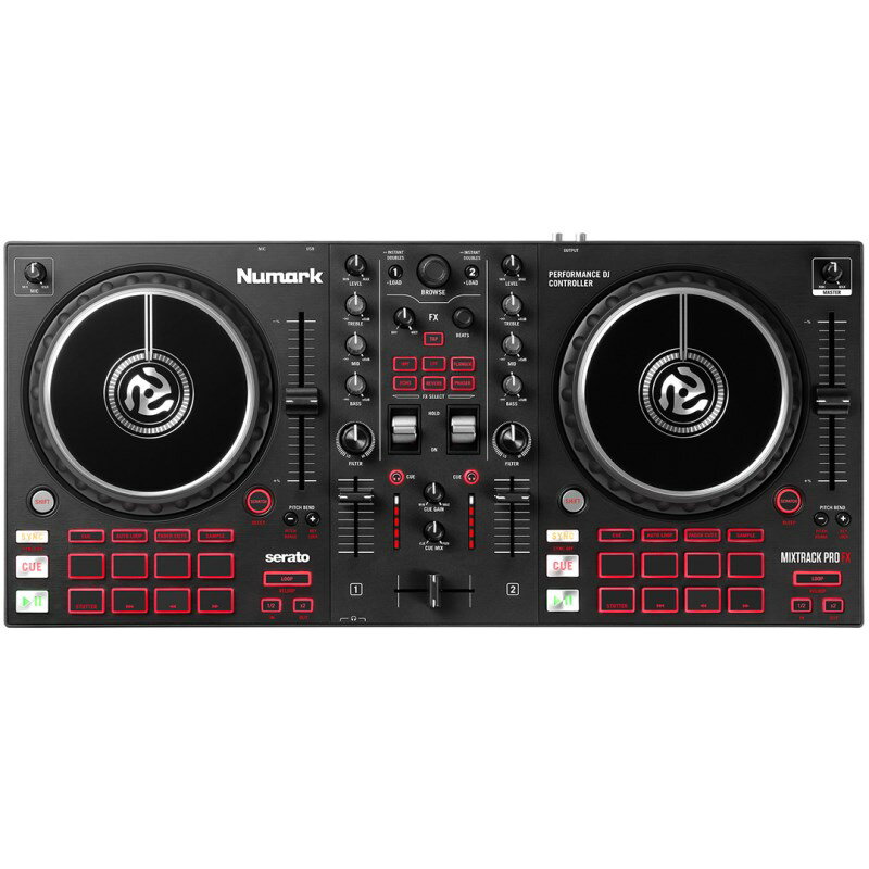 楽器種別：新品デジタルDJ/Numark 商品一覧＞＞デジタルDJ【15，000円〜40，000円】 商品一覧＞＞1998年開店 渋谷発・国内最大級DJ機器専門店です！Numark Mixtrack Pro FX 【Seraot DJ Lite 無償インストール版対応】 DJ機器 DJコントローラー商品説明※本製品にはメーカー保証書が付属しておりません。ご購入時のレシート、納品書またはご注文履歴を大切に保管くださいませ。-----★2デッキタイプのDJコントローラーMixtrack Pro FXMixtrack Pro FXはエフェクトボタン、大型6インチ・タッチキャパシティブ・ジョグホイール、16個のパフォーマンス・パッドを搭載したプロフェッショナル機能を手軽に扱えるDJコントローラーです。■Mixtrack Pro FXMixtrack Pro FXは2デッキ構成、通常のジョグホイールを採用という点以外Mixtrack Platinum FXのすべての機能を備えています。DJスキルを高めたい方に最適なDJコントローラーです。■Mixtrack Pro FXの主な特徴・2デッキDJコントローラー・6種類の即座に起動するエフェクトと2基のトリガー・パドル・大型6インチタッチキャパシティブ・ジョグホイール・専用インスタントループ・フル3バンドEQとオーディオ・スイープ用フィルター・ノブ・キュー/ループ/フェーダーカット/サンプルにアクセス可能な16個のパフォーマンス・パッド・24ビット・オーディオ出力・マイク入力及びヘッドホン出力・Serato DJ Lite付属「Numarkの新製品Mixtrack Platinum FX及びMixtrack Pro FXは、練習中の人からベテランまですべてのDJに必要な機能と使いやすさを提供します」とシニア・プロダクト・マネージャーのクリス・ローマンは語ります。「NumarkのDJ製品は常に『楽しさ』が鍵となっています。パフォーマンス中思いついたアイデアをその場で実現するのは楽しいことです。新しいMixtrackはDJを選びません」■主な仕様出力：1 RCA stereo pair（メイン出力）、1 1/4 (6.35 mm) TRS 1 1/8 (3.5 mm) TRS（ヘッドホンアウト）入力：1 1/4 (6.35 mm) TS（マイク入力）電源：USBバスパワー本体サイズ：W53.6 x D24.6 x H5.1 cm、2.4 kg※最新の動作環境はメーカーサイト等でご確認の上、お求めください。※DJソフトウェアをご使用いただくにはインストーラのダウンロード時におきましてインターネット接続環境が必要です。DJソフトウェアおよびコントローラー本体の仕様・動作環境、および価格は、予告無く変更となる場合があります。※店頭、または通信販売にて売却後、敏速な削除は心掛けておりますが、web上から削除をする際どうしてもタイムラグが発生してしまいます。万が一商品が売切れてしまう場合もございますので予めご了承ください。イケベカテゴリ_DJ機器_デジタルDJ_Numark_新品 JAN:0676762192019 登録日:2021/02/18 デジタルDJ PCDJ DJコントローラー ヌマーク ニューマーク