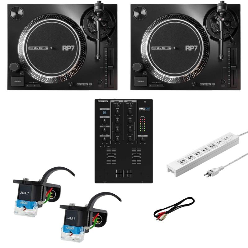 楽器種別：新品reloop/新品 商品一覧＞＞DJ機器【150，000円〜285，000円】 商品一覧＞＞ターンテーブル/ターンテーブルDJセット/reloop 商品一覧＞＞1998年開店 渋谷発・国内最大級DJ機器専門店です！reloop RP-7 + RMX-10BT コンパクトDJ 7点SET (リループ) DJ機器 ターンテーブル商品説明※ご購入前に必ずご確認ください。・RP-7本体にカートリッジ、ヘッドシェル、ダストカバーは付属しておりません。・RP-7はコンコルド型カートリッジのご使用に関しましてはサポート対象外となります。あらかじめご了承ください。・RP-7は12インチサイズレコードの再生に対応しておりません。誤ってご購入いただいた場合の返品や交換は受付いたしておりません。ご購入前に製品仕様を必ずご確認ください。---★7インチレコード専用プロフェッショナルターンテーブルRP-7に高品質で針飛びに強いJICO製カートリッジを付属させ、コンパクトかつシンプルなDJミキサーRMX-10BTを組み合わせた超コンパクトサイズのアナログDJセット！★【セット内容】ターンテーブル Reloop RP-7 × 2台カートリッジ JICO OMNIA J44A 7 DJ IMP SD BLACK × 2台DJミキサー Reloop RMX-10BT × 1台電源タップ SANWASUPPLY TAP-F27-2K接続ケーブル Tech PP1.5---■ターンテーブル Reloop RP-7Reloop RP-7は、業界初のプロフェッショナル7インチダイレクトドライブDJターンテーブルです。45回転レコード文化への敬意を込め、RP-7はその特別なフォーマットの魅力を体現しています。7インチ・レコードを単なる音楽メディア以上の存在として愛する人々のために生まれたこのモデルは、情熱的なコミュニティの自己表現を広げ、新たな世代へ文化を受け継いでいく革新的な存在です。◎45 / 単なる数字以上の価値ヴァイナル文化が飛躍的に成長を続ける中、真の愛好家は使用するツールに当然ながら厳しい目を持っています。だからこそReloop RP-7は品質への妥協を一切許さず、プロフェッショナル向けRPシリーズの「上位機種」が持つ技術的性能と、このモデル専用に開発された独自機能を融合させているのです。◎実績あるトーンアーム設計ストレート銅製トーンアームは卓越したトラッキング精度を実現し、内部ゴムダンピングにより共振を最小限に抑えます。高さ調節可能なベースは、ReloopのベストセラーモデルであるRP-7000 MK2およびRP-8000 MK2ターンテーブルから採用されています。さらに、静的バランス設計のReloop RP-7システムはアンチスケーティング機構を不要とし、設置を簡素化するとともに、潜在的な誤差の発生率を低減します。◎パワーと精度の融合新開発の7インチターンテーブル用DCモーターは、2.5 kg/cmの高トルクを誇り、最高の精度と最適な性能を実現します。精密に調整されたモーター特性によりワウ・フラッターを最小限に抑え、確実なキューイングと高度なスクラッチ技法をサポート。さらに精密鋳造アルミニウム製プラッターと革新的な内蔵スイッチング電源により、干渉を大幅に低減します。◎7インチ・レコードの基準となるモデルカジュアルなリスナーにとって理想的な相棒であるだけでなく、Reloop RP-7はプロのDJにも最適なソリューションです。±8 %、±16 %、±35 %の調整可能なテンポ範囲に加え、ターンテーブルの回転速度を瞬時にゼロに戻すリセットボタンを備え、DJはBPMを調整し、自信を持ってレコードのビートを合わせるための万全の装備を整えています。あらゆるレコード再生シーンに対応するため、RP-7は標準の45回転に加え、33 1/3回転および78回転に対応。取り外し可能な自由回転式アルミニウムLEDライトは、薄暗い環境下でもレコード盤を明瞭に照らし出します。◎卓越したデザインプロフェッショナルプレイヤーにふさわしく、Reloop RP-7は接続性においても期待に応えます。完全に埋め込まれた接続端子により、DJセットアップにフラットに統合され、繊細なポートを確実に保護します。切り替え可能なフォノ/ライン出力と金メッキコネクターにより、専用のフォノ入力に依存する必要がありません。頑丈な構造と洗練された深みのあるブラックメタリック仕上げが、時代を超えたデザインを完成させ、ご自宅、スタジオ、イベント会場において、プロフェッショナルな美学を際立たせます。【主な仕様】◎ターンテーブル・タイプ：3スピード完全マニュアル・駆動方式：ダイレクトドライブ・モーター：8極3相高トルクブラシレスDCモーター・回転数：33 、45、78 RPM・ピッチ：±8、16、35 %・起動トルク：2.5 kgf/cm （78 rpm起動時）・起動時間：1秒未満・ブレーキシステム：電子ブレーキ◎プラッター・直径215 mm ダイキャストアルミニウム製◎トーンアーム：・タイプ：スタティックバランス型ストレートトーンアーム・オーバーハング：0 mm・オフセット角：9.5°・有効トーンアーム長：164.5 mm◎適用カートリッジ重量：15 〜 20 g （ヘッドシェル含む）◎接続端子：フォノ/ライン出力 x 1 （金メッキ）、GNDアース接続 x 1◎電源入力：AC 100-240 V、50/60 Hz◎消費電力：3 W◎寸法：350（幅） x 270（奥行） x 139（高さ） mm◎質量：5.7 kg◎付属品：ターンテーブルプラッター、ヴァイナルパック、スリップマット、スリップシート、LEDスタイラスライト、カウンターウェイト、アース線付きフォノRCAケーブル、電源ケーブル、取扱説明書（ヘッドシェルとカートリッジは別売り）■カートリッジ JICO OMNIA J44A 7 DJ IMP SD BLACKOMNIA J44A 7 DJ IMP SD BLACKは、JICOオリジナルヘッドシェル付きのカートリッジです。音楽性が豊かで躍動感のあるサウンド。J44Dにはない迫力ある低音は、芯のしっかりしたサウンドを奏でます。M44-7同等の仕様で、SHURE社製のレコード針N44-7にも対応しております。【製品仕様】カートリッジ：J44A 7付属レコード針：N44-7 DJ IMP SD （針カバー付）ヘッドシェルカラー：BLACK再生周波数範囲：20Hzから20kHz出力電圧：5.0mVから8mVカートタイプ：MMカンチレバー：JICO Type Sチップ形状：合成ダイヤ丸針チップサイズ：0.7mil針圧：3.5から4.5g用途：DJ自重：約16g高さ：約35mm【使用上のご注意】上記に記載の「一般的な寿命」は、あくまで目安です。実際の使用時間が「一般的な寿命時間以下」であっても、使用状況（指定針圧以外での負担の掛かる使用やホコリ等が多い環境での使用等）や経年劣化等によりご使用いただけなくなる場合があります。【製品・その他に関するご注意】レコード針の針先に触れると正常な状態で使用出来なくなるばかりか、ケガの原因となりますので取り扱いには充分ご注意ください。ノブカラー等の製品の仕様・規格及び外観は、改良のため予告なく変更する場合があります。予めご了承ください。レコード針及びアクセサリー類は、直射日光や高温多湿を避け、幼児の手の届かない場所で保管してください。掲載している製品画像と実際の製品の色目は、画質の関係により若干異なる場合があります。■DJミキサー　Reloop RMX-10BTRMX-10BTは、Bluetooth入力機能を搭載したコンパクトな2チャンネルDJミキサーです。非常に省スペースかつ堅牢なオールメタル構造で、自宅や小規模イベントに最適です。【主な特徴】コンパクトな2チャンネルBluetooth対応DJミキサーBluetooth入力機能搭載：スマートフォンやタブレットからミキサーへワイヤレスで音楽をストリーミングBluetooth信号の柔軟なルーティング：両チャンネルへの割り当てが可能交換可能な45 mmクロスフェーダーと、スムーズな操作感の2本のラインフェーダー各チャンネルストリップに3バンドEQ（100 Hz / 1 kHz / 10 kHz）とゲイン調整ノブを搭載6.3 mmヘッドホン出力：ボリューム調整＆キューミックス機能付き6.3 mmマイク入力：専用ボリュームコントロールを装備LEDレベルメーター：マスター出力の信号レベルを視覚的に確認可能省スペースかつ堅牢なオールメタル構造【主な仕様】入力端子：2 × Phono（RCA）、2 × Line（RCA）、1 × マイク入力（TS）、1 × Bluetooth In出力端子：マスター出力（RCA）、レック出力（RCA）、ヘッドフォン出力（6.3 mm ジャック）EQ帯域：100 Hz、1 kHz、10 kHz寸法：180（幅）× 260（奥行）× 70（高さ）mm（ポテンショメーター含まず）、ポテンショメーター高さ：21.5 mm質量：1.72 kg付属品：電源ケーブル、取扱説明書---※店頭、または通信販売にて売却後、敏速な削除は心掛けておりますが、web上から削除をする際どうしてもタイムラグが発生してしまいます。万が一商品が売切れてしまう場合もございますので予めご了承ください。イケベカテゴリ_DJ機器_ターンテーブル_ターンテーブルDJセット_reloop_新品 SW_reloop_新品 JAN:4043034173841 登録日:2026/04/15 DJセット リループ