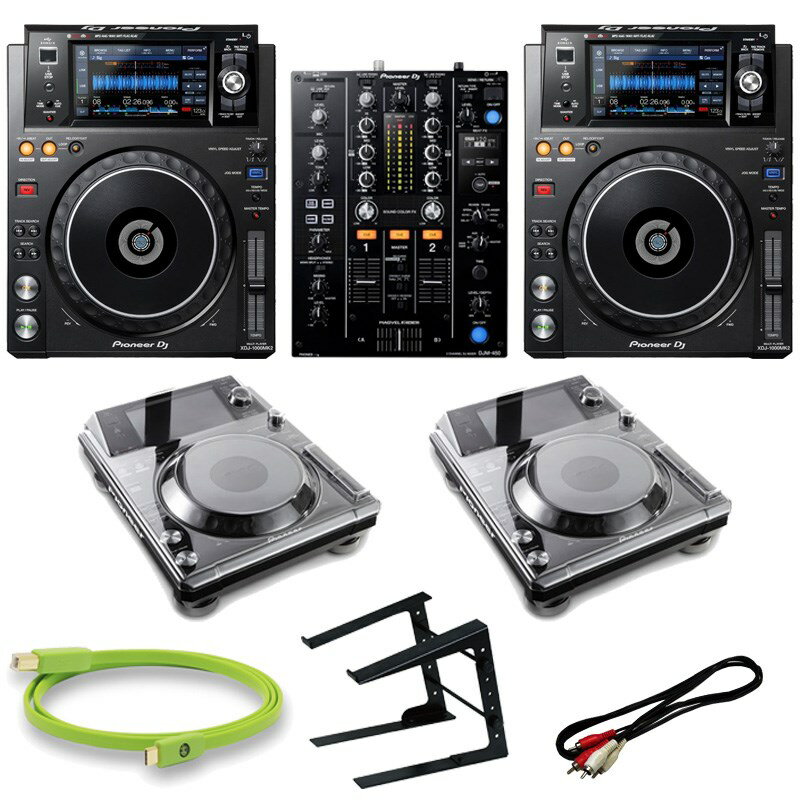 楽器種別：新品DJコントローラーセット/Pioneer DJ 商品一覧＞＞DJコントローラーセット【300，000円〜570，000円】 商品一覧＞＞1998年開店 渋谷発・国内最大級DJ機器専門店です！Pioneer DJ XDJ-1000MK2 + DJM-450 クラブスタイル点SET 【本体保護カバー & 高品質USBケーブル付属】【※保護カバーのみ後日の出荷となります】 DJ機器 DJプレイヤー商品説明【※ご注文前に必ずご確認ください】こちらのセット内容にございます、本体保護カバー「DECKSAVER DS-PC-XDJ1000」につきましては発送時期が7月から8月頃の後日発送となります。恐れ入りますが予めご了承ください。---★多くの音楽ファイルに対応するリーズナブルなDJプレ-ヤーXDJ-1000MK2と多彩なエフェクターを内蔵した2chミキサーDJM-450を組み合わせたDJセット！今なら何とXDJ-1000MK2専用本体保護カバーと高品質USBケーブル、PCスタンド付属で大変お買い得です。この機会をお見逃しなく！★※こちらの「XDJ-1000MK2」にCDドライブは搭載されておりません。CDの再生は行えませんためご注意ください。また、DJミキサー DJM-450はDJアプリ「Serato DJ Pro」には対応しておりません。誤ってご購入いただきました後の交換・返品は受付しておりません。---AC/Apple Lossless再生に対応し、タッチパネルを使った選曲機能を新たに搭載したDJ用マルチプレーヤーXDJ-1000MK2とコンパクトでシンプル、且つDJソフトウェアrekordboxに対応した2chミキサーDJM-450を組み合わせた既往充分なDJセット!自宅でもクラブで実際に仕様する機材と近い感覚で練習したい方はもちろん、DJバーや小規模クラブで使用するコンパクトなDJセットとしての導入にも適しています。■セット内容その1　DJプレーヤー Pioneer DJ XDJ-1000MK2 × 2その2　DJミキサー Pioneer DJ DJM-450 × 1その3　本体保護カバー DECKSAVER DS-PC-XDJ1000 【XDJ-1000 / XDJ-1000MK2対応】× 2枚その4　高品質USBケーブル Oyaide d+USB Type-C class B/0.7(USB2.0)【0.7m】 × 1その5　PCスタンド KIKUTANI LT-100B × 1その6　接続ケーブル Tech PP3.0 × 1Pioneer DJのDJプレーヤー「XDJ-1000MK2」とXDJ-1000MK2に対応した本体保護カバー「DS-PC-XDJ1000」、DJアプリ「rekordbox」に対応したUSB端子内蔵DJミキサー「DJM-450」、シルバーコートOFC高純度無酸素銅を採用した高品質USBケーブル「Oyaide d+USB Type-C class B」、さらにノートPC設置用PCスタンドを組み合わせたセット！後で本体保護カバーなどのオプションを購入するよりセット価格で大変お買い得となっておりますので、自宅はもちろん、店舗での設置を検討している方にはおすすめの内容です！---【XDJ-1000MK2の主な特徴】プロフェッショナルシリーズ同等の高い操作性と多機能性が好評なDJ用マルチプレーヤーです。 多くのクラブに常設機材として導入され始めているプロDJ/クラブ向けマルチプレーヤー CDJ-2000NXS2 と同様にFLAC/Apple Losslessの再生に対応したほか、楽曲管理アプリケーション rekordboxで管理している楽曲を素早く探し出せる「TRACK FILTER」や「MATCHING」などの選曲機能を搭載しています。また、楽曲の任意の位置から瞬時に再生できる「HOT CUE」が最大8箇所まで使用可能です。■プロフェッショナルシリーズの高い操作性と、楽曲のタイトルや波形を瞬時に把握できる表示部自在な楽曲コントロールを可能にする直径206 mmの大型ジョグを搭載するとともに、高い操作性を持つプロフェッショナルシリーズのレイアウトを踏襲しました。表示部に7インチ高精細大型タッチディスプレイを搭載し、USBストレージデバイス内の楽曲のタイトルや波形などを分かりやすく表示します。プロフェッショナルシリーズと同等の操作性と表示でDJプレイを楽しむことができます。■多彩なメディア、フォーマットに対応音楽ファイルフォーマットは MP3、AAC、WAV、AIFF に加え新たに FLAC、Apple Lossless の再生が可能になりました。また、スマートフォン/ iPhone、PC/ Mac の他、フラッシュメモリーやハードディスクドライブなどの USB ストレージデバイスに記録されている音楽ファイルを再生できます。■スピーディーな選曲を可能にするフルカラー液晶タッチディスプレイを搭載タッチディスプレイ内に表示するキーボードによりタイピングでのキーワード検索が可能になり、目的のの楽曲をすばやく探すことができます。また、再生中の楽曲に対し、「rekordbox」であらかじめ相性の良い曲として関連付けしていた曲を選曲の候補として表示することができる「MATCHING」や、BPM、KEYなどの条件に加え、「rekordbox(TM)」で楽曲に付加したタグ情報などを基にした絞り込み検索を可能にする「TRACK FILTER」を搭載しています。■多彩な楽曲アレンジを実現するさまざまなパフォーマンス機能ボタンを押すだけで事前に設定しておいたキューポイントから瞬時に再生できる「HOT CUE」を8個搭載しています。また、再生中の楽曲のビートに対して、「HOT CUE」や「LOOP」などを使用するタイミングがずれた場合に、自動で補正する「QUANTIZE」は、設定可能な値をより細かくしたことで、さらに思い通りの演奏が可能になりました。■Pro DJ Link最大4台のプレーヤーをLANケーブルで接続することができ、コンテンツの共有のほか、「BEAT SYNC」により、再生中の楽曲に、他のマルチプレーヤーで再生する楽曲のテンポと拍位置を、ボタンを押すだけで合わせることができます。また、設定したポイントまでの拍数を正確に表示する「BEAT COUNT」と、楽曲のビート/小節を表示する「PHASE METER」を使った正確なパフォーマンスが可能です。■MEMORY CUEDJアプリrekordboxでMEMORY CUEに付与したコメントを確認することができます。■MY SETTINGS本機の機能設定を、USBストレージデバイス、SDメモリーカード、スマートフォン、タブレットに保存し、必要に応じて本機に反映できます。これにより、DJ交代時に、事前に準備しておいた自分用の設定に即座に切り替えられます。●主な仕様・再生可能メディア：Computers (Mac/Windows PC)、USBストレージデバイス(フラッシュメモリー/HDDなど)、iPhone/iPad/iPod touch， Android phone/Android端末・再生可能ファイル：AAC、AIFF、MP3、WAV、ALAC、FLAC、iOS 版「rekordbox」は MP3、AAC のみ再生可能・周波数特性：4 Hz〜20 kHz・S/N比：115 dB以上（JEITA）・USB端子：A端子×1、B端子×1・音声出力端子：1 ANALOGUE (RCA)、1 Digital (Coaxial)・その他の端子：LAN（100Base-TX）×1・使用電源：AC100 V（50 Hz/60 Hz）・消費電力：30W・最大外形寸法(W×D×H)：305 mm（W）×382.5 mm（D）×110 mm（H）・本体質量：3.7kg・付属品：電源コード、LANケーブル、音声ケーブル、取扱説明書---【DECKSAVER DS-PC-XDJ1000の主な特徴】Pioneer XDJ-1000/XDJ-1000MK2用保護カバーです。防弾ガラスでも採用されている非常に丈夫なプラスティック素材であるポリカーボネイドで作られており、強靭で軽量、しかも薄い！タバコの煙やドリンク溢れなどの激しい環境において強固にプロテクションします！※本製品は製造時に少量の擦りキズ、汚れが発生する場合がございますが不良品ではございません。---【DJミキサー DJM-450の主な特徴】DJM-450 は、多くのクラブに常設機として設置されているプロDJ/クラブ向けDJミキサー DJM-900NXS2 の基本機能・操作性を踏襲し、様々なDJスタイルに対応したホーム向け2ch DJミキサーです。思い通りの自然なミックスを実現するEQ・チャンネルフェーダーや、多彩な演奏を実現するPARAMETER調整が可能な「SOUND COLOR FX」、「BEAT FX」を搭載。また、DJM-900NXS2 にも搭載している「MAGVEL CROSS FADER」により正確で思い通りのスクラッチパフォーマンスが可能になります。また、ターンテーブル・Control Vinylとの組み合わせでPC/Mac内のデータ音源を演奏することが可能となるDJアプリケーション rekordboxのパフォーマンスモードとDVSモードに対応しています。DJM-450はrekordboxのHardware Unlock対応機種となっており、rekordboxのDVSコントロールをご利用する際に有償プランへのアップグレードは必要ありません。サウンドカードを搭載していますので、PC/MacとUSBケーブルで接続するだけで、DJM-450 とターンテーブル・Control Vinyl、PC/Macを使用してこれらのアプリケーションをコントロールすることが可能です。●主な仕様使用可能なDJアプリケーション：rekordbox（ダウンロードにて対応）（Hardware Unlock）DVSコントロール：rekordbox（Hardware Unlock）サンプリングレート：48 kHz再生周波数帯域：20 - 20000 HzA/D コンバーター：24 bitD/A コンバーター：24 bitSN 比: LINE　94 dB全高調波歪率：0.005 %以下 (LINE)入力端子：3 LINE (RCA)、2 PHONO (RCA)、1 MIC (1/4 inch Jack)出力端子：1 MASTER (XLR)1 MASTER (RCA)、2 HEADPHONE MONITOR (1/4 inch Jack， mini-jack)USB：1 USB B port、1 USB A port付属品：DJM-450、電源ケーブル、ACアダプター、USBケーブル、クイックスタートガイド、メーカー保証書本体サイズ：幅 / 230 mm、高さ / 108 mm、奥行き / 320 mm本体重量：約4.3kg---【USBケーブル Oyaide d+USB Type-C class B/0.7(USB2.0)の主な特徴】Oyaide d+USB Type-C classBはシルバーコートOFC高純度無酸素銅を採用した高品質USBケーブルです。このケーブルを用意することで変換アダプターなどを使用せず、DJやDTMのスタンダードであるMac Book Proをはじめとした各種ノートPCに装備されたUSB Type-C コネクターに直接DJミキサーを接続可能になります。---※店頭、または通信販売にて売却後、敏速な削除は心掛けておりますが、web上から削除をする際どうしてもタイムラグが発生してしまいます。万が一商品が売切れてしまう場合もございますので予めご了承ください。イケベカテゴリ_DJ機器_DJコントローラーセット_Pioneer DJ_新品 JAN:4573201240590 登録日:2024/03/31 DJセット PCDJ パイオニア パイオニアDJ