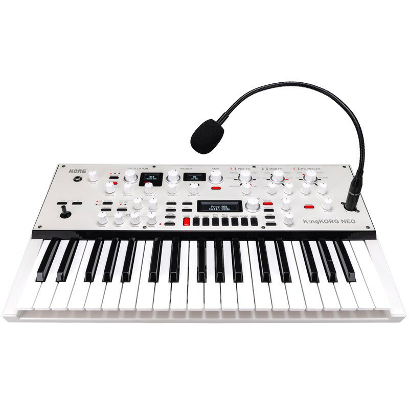 楽器種別：新品シンセサイザー/KORG 商品一覧＞＞シンセサイザー【60，000円〜120，000円】 商品一覧＞＞1998年開店 渋谷発・国内最大級DJ機器専門店です！KORG 【デジタル楽器特価祭り】King NEO(限定特価) シンセサイザー・電子楽器 シンセサイザー商品説明■さまざまなシンセ・サウンドをデザイン幅広い音色をカバーするバーチャル・アナログ音源を搭載し、アナログ・シンセのように機能ごとに整然と配置されたノブを感覚的にエディットすることで、簡単にサウンド・デザインが可能。コンパクトな軽量ボディに高い演奏性を誇る標準サイズ37鍵キーボードを装備。ステージ・ピアノの上で、あらゆるシーンをカバーするキーボードとして、バラエティに富んだプリセット・サウンドを組み込み、ボコーダー専用マイクも標準装備しました。コルグ独自のパネル・レイアウトで、自分の求める音を最短距離で導き出すバーチャル・アナログ・シンセサイザー。KingKORG NEO。■柔軟な対応力を誇る強力なサウンド・エンジンKingKORG NEOには、バーチャル・アナログ音源XMTを搭載しています。このXMT（eXpanded Modeling Technology）は、シンプルな操作性で幅広い音色のバリエーションを生み出す目的で開発されたコルグ独自のテクノロジーです。通常シンセサイザーの音作りにおいてオシレーターは、1つ1つ調整して組み合わせるという完成した形の見えづらい作業をする必要がありましたが、この製品ではオシレーターの種類と使用する数の組み合わせをアルゴリズム化し、自分が出したい音のベースとなるものを単純に「選ぶだけ」にしました。この組み合わせは最適なものが選定されており、即戦力となる音が簡単に作れます。また3つのオシレーター x 2つのティンバーにより、分厚いサウンドを作ることも可能です。さまざまな音色を1台のシンセに求める難しい要求にも応えるべく、アナログ・シンセサイザーに代表されるノコギリ波、矩形波、ノイズからPCM/DWGSなど多彩なオシレーター・アルゴリズムを搭載し、幅広いニーズにも対応しています。■名機のサウンドを再現するモデリング・フィルターシンセサイザーの個性を決めるフィルター部分にも非常にこだわりました。フィルターの多彩なバリエーションは、バーチャル・アナログ・モデリングならでは。スタンダードなアナログ・モデリング・フィルターはもちろん、70年代のリードやベースで使われたアナログ・モノフォニック・シンセ、80年代にニューウェーブ系で多用されたポリフォニック・アナログ・シンセ、コルグのアナログ・シンセの代名詞であるMS-20など、有名/定番シンセサイザーに搭載されたフィルターを忠実にモデリングして搭載。これ一台で、いつも聴いていたあのシンセ・サウンドが手に入ります。さらに、レゾナンス値を上げると自己発振（セルフーオシレーション） する動きも再現するので、アナログ・シンセ特有の醍醐味を味わうことができます。■ボコーダー機能マイクで入力した音声を機械的なロボットボイスに変えるボコーダー機能（Channel Vocoder）を搭載しました。KingKORG NEOのボコーダーは、ボコーダー専用機に匹敵する16バンドのフィルターで構成されています。また往年のボコーダー・サウンドだけでなく、フィルターの周波数をシフト（フォルマント・シフト機能）させたり、各帯域ごとにレベルやパンを調節することでサウンド・キャラクターを大幅に変化させることが可能です。これにより、たとえばテクノ・ポップの定番ボコーダー・サウンドのような魅力的なサウンドも簡単に加えることができます。さらに、マイク入力の代わりにティンバーBをモジュレーターとして使うこともでき、シンセ音に対してボコーダー効果をエフェクトとして組み合わせることもできます。KingKORG NEOには金属製の専用グースネック・マイクが付属しており、パネル右側のXLR端子に差し込むと、すぐにあのおなじみのサウンドが高音質で楽しめます。また、A、Bティンバーの各3つのオシレーターは個別にマイク入力をソースとしても選べるので、声をミックスしたシンセサイズも可能です。■現代の音楽シーンに適応するプリセット・プログラムを内蔵KingKORG NEOはSYNTH、LEAD、BASSなど8つのカテゴリーのプリセット・プログラムを200個内蔵し、音の選びやすさと使いやすさが特徴です。時代と共に移り変わる音楽シーンに沿う形で、この製品のための新規プログラムを多数搭載しました。音を仕上げる、6タイプ x 3系統のマスター・エフェクトディストーションやアンプ・シミュレーターなどのPRE FXセクション、コーラスやトレモロなどのMOD FXセクション、ホール・リバーブやMODディレイなどのREV/DELAYセクションと、各6タイプから選べる3系統のマスター・エフェクトを装備。それぞれのタイプ選択のため、個別の専用ダイヤルがパネル上に用意されており、ダイヤルを回して効果を確認しながら最適なものを選び、さらにダイヤルの下に用意されたFXコントロール・ノブで音を仕上げていくことができます。■バーチャル・パッチ機能EGやLFO、ジョイスティックなどのコントロール信号を、ピッチやカットオフなどの音色を構成するパラメーターと仮想的に接続し、パラメーターにモジュレーションをかけて、より自由度の高いサウンド作りが可能になるバーチャル・パッチを6系統搭載しました。ステップ・アルペジエーター機能鍵盤で和音を押さえると、自動的にアルペジオ (分散和音)でフレーズを演奏するステップ・アルペジエーターを搭載しています。6種類のアルペジオ・タイプを選択し、発音の長さや間隔、各ステップの発音オン/オフなどを設定することで、よりバリエーション豊かな演奏を楽しむことができます。■直感的な操作を実現したパネル・レイアウトブロックごとに整理され、エディットに集中できる独自のパネル・レイアウトを採用。信号の流れに従ったアナログ・シンセサイザーの考え方を踏襲しつつ、現代の技術で一歩進めた形を実現しました。例えばオシレーターは、現在選択されているアルゴリズム名をディスプレイに表示。すぐ横にあるダイヤルを回して名前から音をイメージできるだけでなく、そのダイヤルをプッシュするとANALOG、DWGSなど各ジャンルの先頭にジャンプします。コントロール・ノブにはそれぞれのオシレーターごとに最も効果的、あるいはエディット上重要なパラメーターが的確にアサインされており、アナログ・シンセサイザーにおける「ノブを操作して音を変化させる楽しみ」をダイレクトに味わえます。またマスター・エフェクトには3系統それぞれに専用ダイヤルを用意し、エフェクト効果の違いによる音の変化を簡単に試すことができます。また、自己発光する有機ELディスプレイを採用しているので、暗いステージ上でも高い視認性を実現します。■ライブで便利なフェイバリット機能好みのプログラムをいつでもワンプッシュで呼び出せるフェイバリット機能を搭載。8つの（カテゴリー／）フェイバリット・ボタンに合計40プログラムを登録でき、簡単に呼び出すことができます。商品詳細■主な仕様鍵盤37鍵（ベロシティおよびリリース・ベロシティ対応）音源システムXMT（eXpanded Modeling Technology）最大発音数最大24ボイス外形寸法（W x D x H）565 x 338 x 92 mm質量3.1 kg付属品ACアダプター、マイク（＋ウィンド・スクリーン）イケベカテゴリ_キーボード_シンセサイザー_KORG_新品 JAN:4959112236035 登録日:2024/01/22 シンセサイザー シンセ Synth コルグ