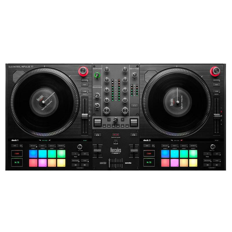 楽器種別：新品デジタルDJ/Hercules 商品一覧＞＞デジタルDJ【80，000円〜155，000円】 商品一覧＞＞1998年開店 渋谷発・国内最大級DJ機器専門店です！HERCULES DJCONTROL INPULSE T7 DJ機器 DJコントローラー商品説明★DJCONTROL INPULSE T7TURN IT UP2デッキ・モーターライズドDJコントローラーHercules DJControl Inpulse T7は、レコードの操作感を忠実に再現したモーターライズド（自走式）DJコントローラーです。リアルなアナログレコードの感覚とデジタルテクノロジーの利点を併せ持っています。33?回転までわずか0.1秒で立ち上がる2つのモーターライズド・プラッターを備え、リアルなターンテーブルの感触を体験できます。さらに、プラッターに付属のレコード盤、スリップマットは取り外すことができ、従来のアナログターンテーブル同様にカスタマイズすることが可能です。ターンテーブルの感覚を体験わずか0.1秒で33 1/3回転になる7インチプラッターでミキシング、ビートマッチング、そしてスクラッチを行うことができます。また、付属のレコード盤とスリップマットを取り外し、お手持ちのアナログレコードとフェルト製のスリップマットを取り付けることで、より本物に近いターンテーブル感覚を味わうことが可能です。Beatmatch GuideInpulse T7は、Herculesの他のInpulseシリーズ同様に「Beatmatch Guide（ビートマッチ・ガイド）」機能を搭載し、モーターライズド（自走式）プラッターと共に、DJプレイをサポートします。STEMSコントロールでよりクリエイティブに！Inpulse T7は、Serato DJ LiteとSerato DJ Pro（有償アップグレード）に対応しており、ワンボタンで簡単にボーカルや楽器を分離できる「STEMSコントロール」機能を搭載しています。パーフェクトなミックスを彩るFXInpulse T7は、各デッキに3つのFXセレクト・ボタン、1つのパドル・ノブ、1つのフィルター・ノブ、1つのコントロール・ノブ、Beatボタン（-/+）を備えており、これらの機能を最大限に活用したミックスが可能です。オーディオ・コネクションクラブ現場のスピーカー・セットアップに必要なマスター出力（2 x XLR + 2 x RCA）と、2 つのヘッドホン・コネクター（1/8″ / 3.5 mm ステレオ・ミニ・ジャック + 1/4″ / 6.35 mm ステレオ・ジャック）を備えています。マイク入力マイクをバランス入力に接続、音量ノブを調整するだけで、マイクパフォーマンスも可能になります。クロスフェーダーであらゆるスタイルに対応クロスフェーダーのカーブ・スイッチを標準搭載。音楽スタイルに合わせて、クロスフェーダーのカーブを簡単に調整できます（ミックス、スクラッチ、オフ）。コントローラーをリフトアップ！Inpulse T7は、底面の格納式の脚により、本体をリフトアップすることが可能。オーディオ・ケーブルやUSBケーブルをコントローラーの下に通したり、こぼれた飲み物からコントローラーを守ることもできます。Hercules DJControl Inpulse T7は、アナログターンテーブル同様のDJプレイが行えるよう設計されており、ミキシング、ビートマッチング、スクラッチ等を簡単に行うことができます。3.9インチ/10センチのテンポフェーダーを使用して、実際のアナログレコードと同様のテンポスピードの変化を感じることができます。このDJコントローラーには、アナログレコード、スリップマット、金属プラッターを含むアナログターンテーブル同様の素材が使用されており、7インチ/17.8センチの標準サイズのアナログレコード、0.286インチ/0.7センチのスピンドル、および3.9インチ/10センチのテンポフェーダーが備わっています。DJControl Inpulse T7には、Serato DJ LiteとDJUCEDと2種類のソフトウェア・ライセンスが含まれており、アナログレコード同様のDJプレイを始めたい方に最適なパッケージです。プロフェッショナルなアナログターンテーブル同等の素材と最先端の機能を備えたこのDJコントローラーは、アナログターンテーブルでのDJをマスターする最初のステップを踏み出したいすべての人にとって最適なツールです。■内蔵オーディオ・2組のマスター出力（スピーカー）： 2 x XLR + 2 x RCA・RCA：最大出力パワー = 7 dBU @ 1 kΩ・XLR：最大出力パワー = 13 dBU @ 1 kΩ・ヘッドホン出力2系統：1/4 / 6.35 mmステレオ・ジャック + 1/8 / 3.5 mmステレオ・ミニ・ジャック・最大出力パワー = 5 dBU、32Ω @ 1 kHz・マイク入力：1/4 / 6.35 mmジャック（バランス）・オーディオ解像度：44.1 kHz / 24 bit■モーターライズド（自走式）プラッター33 1/3回転モーター駆動メタル・プラッター（Serato DJ Proで45回転に切り替え可能）フェルト製スリップマットとレコード盤はスピンドルで固定直径：7インチ/17.8 cm■ソフトウェア・Serato DJ lite業界標準Serato DJ Proのエントリーバージョン高い信頼性と操作性Serato DJ Proに（有償）アップグレード可能・DJUCEDHercules独自のパワフルで使いやすいDJソフトウェアHeculesコントローラーを接続することでフル機能をアンロックSerato DJ Pro互換■同梱品・Hercules DJControl Inpulse T7本体・ヴァイナルレコード：2枚（7 インチ）- フェルト製スリップマット：2枚・USB ケーブル・ACアダプター＆ケーブル（100-240 V~50/60 Hz / 18.5 V / 2.6 A / 48 W）・取扱説明書・保証書■一般サイズ：65.2 x 35 x 9 cm質量：約5 kgイケベカテゴリ_DJ機器_デジタルDJ_Hercules_新品 JAN:3362934746704 登録日:2023/11/15 ハーキュリーズ ヘラクレス hercules