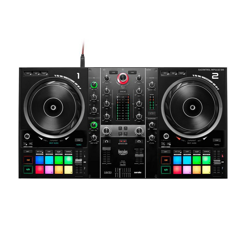 楽器種別：新品デジタルDJ/Hercules 商品一覧＞＞デジタルDJ【35，000円〜75，000円】 商品一覧＞＞1998年開店 渋谷発・国内最大級DJ機器専門店です！HERCULES DJCONTROL INPULSE 500 DJ機器 DJコントローラー商品説明★DJCONTROL INPULSE 500SHOW YOUR MIXあらゆるDJニーズに対応する2デッキUSB DJコントローラーInpulse 500は、あなたの夢を実現させるDJコントローラー！Serato DJ LiteとDJUCEDに最適化され、多くのオーディエンスでプレイするのに十分な機能を搭載・提供します。ミキシングを向上させるための4本の脚（リフトアップ機能）、オーディオ入力用のハードウェアミキサー、フィルター/エフェクト、スクラッチに最適でタッチ検出可能な大型ジョグホイール、16個のRGBバックライト付きパッド、自信を持ってミキシングできる便利なライトガイド等、多くの機能を備えています。 音楽ストリーミングサービスでミックスすることもでき、Serato DJ LiteではTIDALやSoundCloud GO+、DJUCEDではBeatport LINK、Beatsource LINK、Qobuzなど何百万ものトラックを楽しむことができます。スムーズで独自のトランジションFilter/FXエリアでは、Serato DJとDJUCEDで利用可能なエフェクトをカスタマイズできます。 DJUCEDではフィルターの動作をエフェクトと組み合わせることも可能！外部入力サウンドをミキシング外部入力に対応。「AUXフィルター」を使用すると、ソフトウェアとは独立して、外部のオーディオソース（スマートフォン、メディアプレーヤーなど）にフィルターエフェクトをかけることができます！コントローラーをリフトアップ！Inpulse 500は、底面の格納式の脚により、本体を高さ3.1インチ（8センチ）にリフトアップすることが可能。オーディオ・ケーブルやUSBケーブルをコントローラーの下に通したり、こぼれた飲み物からコントローラーを守ることもできます。 リフトアップ時には、底面がバックライトで照らされます。簡単セットアップUSBバスパワーを採用し、スピーカーを接続するためのマスターアウトプット（2つの1/4インチ/6.35mmジャックと2つのRCA）があり、さらにヘッドフォンコネクターを2つ（1/8インチ/3.5mmステレオミニジャックと1/4インチ/6.35mmステレオジャック）搭載。トラックを手動で同期させるBEATMATCH GUIDEのライトガイドを使用すれば、トラックを手動でスムーズにミックスして、DJUCEDとSerato DJ Liteの両方でサポートされます。マイク入力マイクをバランス入力に接続、音量ノブを調整するだけで、マイクパフォーマンスも可能に。マイク入力用EQ（HIGH/LOW）も標準搭載。アシスタント機能DJUCEDには、IMA（インテリジェント・ミュージック・アシスタント）が搭載され、音楽ライブラリやBeatport LINKやBeatsource LINKから次に再生するトラックを提案してくれます。クロスフェーダーであらゆるスタイルに対応カーブスイッチを標準搭載。音楽スタイルに合わせて、クロスフェーダーのカーブを簡単に調整できます（ミックス、スクラッチ、オフ）。■内蔵オーディオ・オーディオインターフェース内蔵・AKM製Velvet Sound DSP内蔵：オーディオ入出力を処理・マスター出力（スピーカー）：2 x 1/4 / 6.35 mmジャック + 2 x RCA・ヘッドホン出力：1/8 / 3.5 mmステレオミニジャック + 1/4 / 6.35 mmステレオジャック・AUX入力：2 x RCA + 1/8 / 3.5 mmステレオミニジャック・マイク入力：バランス1/4 / 6.35 mmジャック・オーディオ解像度：44.1 kHz / 24 bit■コントロール（各デッキ）・プレイ、キュー、シフト、シンク・2 × 8ソフトパッド、RGBバックライト付き・8パッド × 8モード (ホットキュー、ループ、スライサー…)・タッチ検出付きジョグ・ホイール（ジョグ・ホイール直径：5.5インチ）・ループ：イン/アウト＋ループ・エンコーダー・モード：ヴァイナル、（DJUCEDとSerato DJ Proではスリップとクオンタイズも可能）・ビートマッチガイド■ミキサー・コントロール全般・カーブ調整付きクロスフェーダー × 1・マスターボリュームノブ、ヘッドホンボリュームノブ、キュー/ミックスノブ・マイク・ボリューム・ノブ、High EQノブ、Low EQノブ・AUXボリューム・ノブ、フィルター・ノブ・2つのVUメーター＋マスターVUメーター・4つのエフェクト・ボタンと2つのフィルター・ノブを備えたフィルター/エフェクト・ラック各デッキ・1つのフィルター・ノブ・3つのEQノブ・1つのゲイン・ノブ・1ボリューム・フェーダー・1つのVUメーター・ミュージックライブラリーのコントロール：ロータリー・エンコーダー＋ロード・ボタン×2＋アシスタント・ボタン■ビートマッチガイド・テンポガイド：各テンポフェーダー横のライトガイド・ビートアラインガイド：各ジョグホイールの下にあるライトガイド■IMA（インテリジェント・ミュージック・アシスタント）DJUCEDのアシスタントは、あなたのミュージックライブラリとBeatport LINK、Beatsource LINKから、これから再生するのに適した楽曲を提案します。アシスタントを有効にすると、Serato DJ Liteのオートプレイが起動します。DJUCEDのエネルギー機能は、パーティーのエネルギーレベルに合わせて選曲するのに役立ちます。■ソフトウェア・Serato DJ lite業界標準Serato DJ Proのエントリーバージョン高い信頼性と操作性Serato DJ Proに（有償）アップグレード可能・DJUCEDHercules独自のパワフルで使いやすいDJソフトウェアHeculesコントローラーを接続することでフル機能をアンロックSerato DJ Pro互換■同梱品・Hercules DJControl Inpulse 500本体・USB ケーブル・取扱説明書・保証書■一般・サイズ：54.2 x 29.6 x 7 cm・質量：約3.2 kgイケベカテゴリ_DJ機器_デジタルDJ_Hercules_新品 JAN:3362934746094 登録日:2023/11/15 ハーキュリーズ ヘラクレス hercules