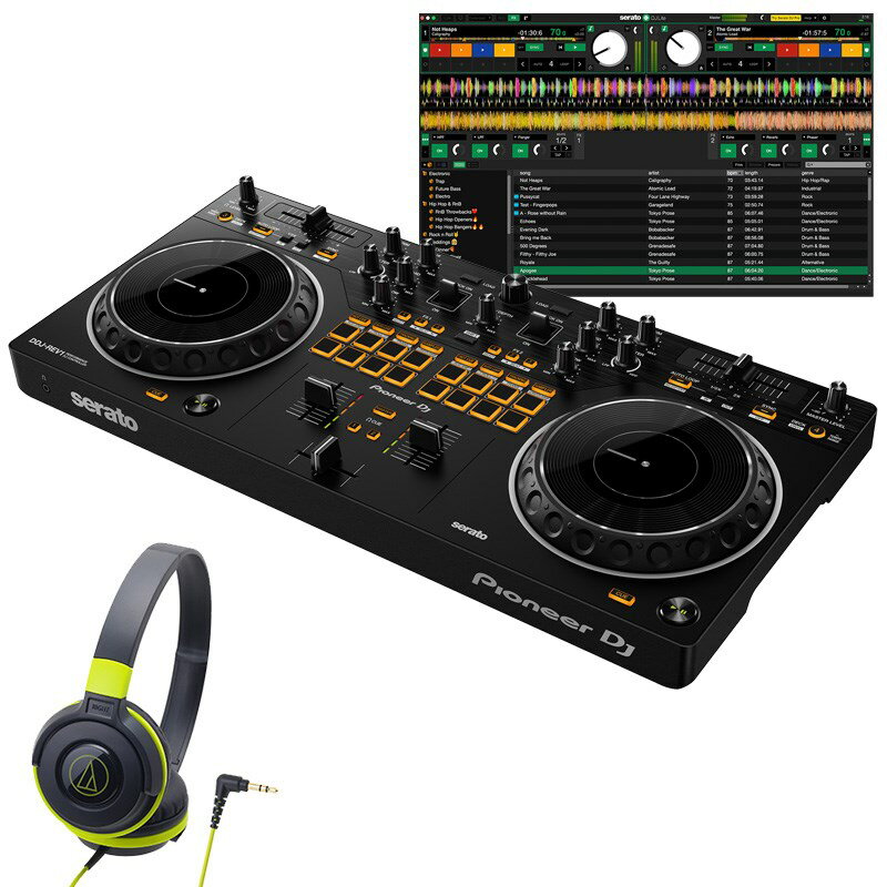 楽器種別：新品デジタルDJ/Pioneer DJ 商品一覧＞＞デジタルDJ【25，000円〜50，000円】 商品一覧＞＞1998年開店 渋谷発・国内最大級DJ機器専門店です！Pioneer DJ DDJ-REV1 + ATH-S100BGR ヘッドホンセット 【無償ダウンロード版Serato DJ Lite対応】 DJ機器 DJコントローラー商品説明★Serato DJ Lite対応のスクラッチスタイル2chDJコントローラーの入門モデルと入門用ヘッドホンを組み合わせたセットです。ATH-S100ヘッドホンは小型軽量のモデルで、ご自宅でのDJ練習などに最適です。★---【セット内容】・コントローラー Pioneer DJ DDJ-REV1・ヘッドホン audio-technica ATH-S100BGR●DJコントローラーDDJ-REV1はプロフェッショナル仕様のレイアウトで、バトルDJのような本格的なスクラッチやクイックミックスを楽しむことができます。TEMPO SLIDERは縦置きしたターンテーブルと同じようにデッキ上部に水平に配置、ミキサー部にはPERFORMANCE PADSとLEVER FXを搭載しています。■DDJ-REV1主な特徴・スクラッチとクイックミックスに最適なレイアウトDJコントローラーとしては初めて、TEMPO SLIDERがデッキ上部に水平に配置されました。またPERFORMANCE PADSとLEVER FXがミキサー部に搭載され、エフェクトやSAMPLER、スクラッチやクイックミックスの操作が容易になりました。・LEVER FXの搭載ミキサーセクションにLEVER FXが搭載され、レバーのオン/オフ操作だけで直感的かつダイナミックにSerato DJ Liteのエフェクトを加えることができます。・本格的なスクラッチ演奏を手助けする、TRACKING SCRATCH機能TRACKING SCRATCH機能を使用することで、スクラッチの経験があまりなくても、手軽に本格的なスクラッチを楽しむことができます。スクラッチの頭出しの位置にHOT CUEを設定することで、ジョグの折り返し動作時やジョグから手を離した瞬間に自動的にスクラッチの頭出しの位置に楽曲が戻るため、頭出しの位置の心配をすることなくスクラッチが楽しめます。・主な仕様対応ソフトウエア：Serato DJ Lite、Serato DJ Pro（有償）システム要件：Serato DJ Lite、Serato DJ Proの最新の動作環境はメーカーサイトにてご確認の上、お求め下さい。入力端子：1 MIC (1/4 inch TS Jack)出力端子：1 MASTER (RCA)、1 PHONES (3.5-mm stereo mini jack)電源：USB Type-B bus poweredUSB：1 USB B端子本体サイズ：幅526mm、高さ59.2mm、奥行き255.5mm本体質量：2.1 kg付属品：USBケーブル（A-Bタイプ）、クイックスタートガイド●ヘッドホンこちらのDJセットにはDJモニター用としてaudio-technica ATH-S100ヘッドホンが付属。自宅で使用するDJモニターとして適度な使い勝手と音質です。---・ヘッドホン付属のセットですので外部に音を出力しない状態でもすぐに音楽が楽しめます。初心者の方がDJをスタートさせるのに適したSerato DJ Lite対応のDJスタートセットです！※DJソフトウェアの最新動作環境はメーカーサイトもしくはメーカーサポートにてご確認の上、お求め下さい。※DJソフトウェアをご使用いただくにはインストーラのダウンロード時、およびオーサライズ時におきましてインターネット接続環境が必要です。DJソフトウェアおよびコントローラー本体の仕様・動作環境、および価格は、予告無く変更となる場合があります。※店頭、または通信販売にて売却後、敏速な削除は心掛けておりますが、web上から削除をする際どうしてもタイムラグが発生してしまいます。万が一商品が売切れてしまう場合もございますので予めご了承ください。イケベカテゴリ_DJ機器_デジタルDJ_Pioneer DJ_新品 JAN:4573201242440 登録日:2023/02/17 デジタルDJ PCDJ DJコントローラー パイオニア パイオニアDJ