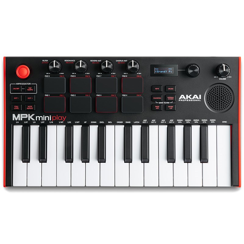 楽器種別：新品MIDIコントローラー/AKAI 商品一覧＞＞MIDIコントローラー【10，000円〜20，000円】 商品一覧＞＞1998年開店 渋谷発・国内最大級DJ機器専門店です！AKAI MPK mini Play MK3 DTM MIDI関連機器商品説明スピーカー内蔵ミニキーボードコントローラーひらめいたアイディアを逃さず、いつどこででも楽曲制作や演奏ができるポータビリティーに優れたキーボードです。約14時間のバッテリ ー稼働が可能なので電源アダプターや充電の心配ありません。また、スピーカーが内蔵されている外部スピーカーへの接続を必要としません。新たにデザインされた内蔵スピーカーは音量や低音域の出力がより強力になり、演奏やジャムセッションをより楽しむことができるようになりました。・バッテリー駆動ミニキーボード・100種類以上の音色のやドラムサウンドを内蔵・前モデルからスピーカーが大きくなり音量と低音域のパフォーマンスが向上・新たな機構を採用した高品位の25鍵ミニ鍵盤・ベロシティ対応MPCスタイル・パッドx8・MIDIアサイナブル・ノブx4・視認性に優れたOLEDディスプレイ・ヘッドホン接続端子（3.5mmステレオミニプラグ）・MIDIコントロール用クラスコンプライアントUSB端子どこでも音楽制作や演奏が楽しめるひらめいたアイディアを逃さず、いつどこででも楽曲制作や演奏ができるポータビリティーに優れたキーボードです。約14時間のバッテリー駆動が可能なので電源アダプターや充電の心配はありません。また、スピーカーが内蔵されているため外部スピーカーへの接続を必要としません。新たにデザインされた内蔵スピーカーは音量や低音域の出力がより強力になり、演奏やジャムセッションをより楽しむことができるようになりました。アコースティック・ピアノやエレクトリック・ピアノ、シンセリードやパッドなど、128種類以上の楽器やドラムキットを含む内蔵音源と新たな内蔵スピーカーの組み合わせにより、さらに充実した音楽体験を提供します。また、リアパネルにはヘッドホン接続端子（3.5mmステレオミニプラグ）を搭載。深夜のプライベートな練習も気兼ねなく行うことができます。優れたパフォーマンス新たに第2世代キーベッドを採用し、あらゆるキーボードプレーヤーのパフォーマンスに対応します。この新しいキーベッドはダイナミックな演奏と正確なベロシティ・レスポンスにより、様々なスタイルの演奏やバーチャルインストゥルメント使用時にも思いのままの演奏を実現します。8つのドラム・パッドはベロシティ対応のMPCスタイル・パッドにアップグレードされ、ドラム・パートの演奏に最適な打感とレスポンスを備えています。USBクラスコンプライアントによりプラグアンドプレイでの使用に対応し、音楽制作時には使用しているDAWと簡単に接続することができます。4つのロータリー・エンコーダー・ノブはパンやオートメーションなどのMIDIパラメーターを自在にコントロールし、精密なエディットを可能にします。コンパクトで頑丈な設計のMPK mini Play MK3はバックパックに入れて、お気に入りの音楽制作アイテムと一緒に安全に持ち運ぶことができます。MPC Beatsソフトウェアと豊富なサウンドコンテンツ付属MPCワークフローのもっとも優れた部分を取り入れたパワフルなDAWソフトウェアDAW「MPC Beats」（Mac/PC用）を付属しています。インストゥルメント・プラグインやエフェクト・プラグイン、オーディオとドラムのサンプルなどヒット作を生み出すのに必要なコンテンツを豊富に収録。さらに、パワフルなポリフォニック・アナログ・シンセ音源Hybrid 3、アコースティック・ピアノ音源Mini Grand、ビンテージ・エレクトリック・ピアノ音源Velvetなど、サウンドデザインにおいて数々の賞を受賞しているAIR Music Technology製のプラグイン・インストゥルメントが複数搭載されています。Melodicsのフリーレッスン60回分付属Melodicsはコンピュータやタブレットなどにダウンロードしてご使用になれるピアノ/ドラムレッスン用ソフトウェアで、楽しみながらキーボード/パッドコントローラー/電子ドラムのスキルアップができます。Melodicsには様々なレッスンがあり、自分のペースでレッスンを進めることができます。お好みの音楽ジャンルの楽曲を再生しながら楽しく練習でき、自身の演奏へのフィードバックも得られます。製品仕様電源 USBバスパワー / 単3アルカリ電池4本サイズ（W x D x H） 31.7 x 17.8 x 5.8 cm重量 0.9 kgイケベカテゴリ_DTM_MIDIコントローラー_AKAI_新品 JAN:0694318025550 登録日:2022/01/12 MIDIコントローラー アカイ 赤井