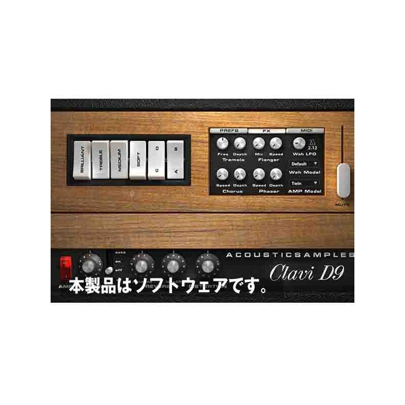 楽器種別：新品Acoustic Samples/コード販売 商品一覧＞＞Acoustic Samples/新品 商品一覧＞＞DTM【5，000円〜20，000円】 商品一覧＞＞ソフトウェア音源/ピアノ・オルガン/Acoustic Samples 商品一覧＞＞1998年開店 渋谷発・国内最大級DJ機器専門店です！Acoustic Samples Clavi D9 (代引不可)(オンライン納品) DTM ソフトウェア音源商品説明こちらのオンライン納品商品は、平日営業日でのメール納品対応となります。金曜12時以降、土日祝日のご注文の際は、翌平日営業日以降でのメール納品ご対応となります。また、メーカーが休業期間中の場合は休業明け後のご対応となります■オンライン納品製品に関する注意事項※こちらの製品は全てオンライン納品専用となっています。・製品シリアルナンバー及びダウンロード手順説明PDFは当店よりEメールにてお知らせ致します。・プラグイン本体及びマニュアルはメーカーサイトよりダウンロードして頂く必要があります。・シリアルナンバー、PDF資料は全てオンラインで納品され、品物はご自宅に配送されません。・オンライン納品製品という性質上、一切の返品・返金はお受け付け致しかねます。・支払方法は代金引換決済はご利用頂けません。・シリアルは即時発行ではございません。 平常時はご決済完了後、2〜3日以内に発行させていただきますが、メーカーの連休を挟む場合などは更に納期がかかります。以上、予めご了承の上ご注文下さい。※iLok IDを間違えて登録した場合、メーカーにて再度手続きを行う際に手続き手数料が発生します。登録の際はIDをお間違えないよう、ご注意下さい。※画像中、商品パッケージ風の画像はイメージとなります。実際はパッケージはございません。良く知られた Hohner Clavinet D6 をベースにしたインストゥルメントです。恐らく、最もファンキーな楽器の一つとして知られるこの鍵盤楽器は、元々クラシック音楽のハープシコードのサウンドを再現する為に開発されました。その転身は、リズムギターの替わり、あるいは重ねるのに適していることが発見されてから、一躍多くのファンクやディスコ ヒットで使われる様になりました。クラヴィネットは、5 オクターブ（60鍵）の楽器で、とてもシンプルな構造で動作します。鍵盤を押えるとギターのハンマーオンのように弦がブリッジに向かって押されます。そしてミュートされていない部分の弦振動がピックアップによってそのサウンドが増幅されます。D6 のコントロールはとても少なく、四つのEQ、二つのピックアップを選ぶスイッチ、そして全体のヴォリュームだけが装備されています。我々は二つのピックアップのレコーディング、EQ の高精度モデリングをすることで、実際の楽器と同じ様にスイッチ操作を可能にします。そして、通常のノート、スタッカート、リリース、ミュート、すべてのピックアップ、シンパシティク レゾナンスなど、この楽器のすべてをサンプリングし、市場で最も完璧なクラヴィネット音源に努めました。システム・Mac OS X 10.7（Lion） 以降、10.8（Mountain Lion）、 10.9（Mavericks）、10.10（Yosemite）対応　Intel プロセッサと 2GB以上のメモリを搭載した Macintosh　7200rpm以上のHDDまたはSDD・Windows 7 または 8（8.1対応）　Intel Core Duo 以上のプロセッサと 2GB以上のメモリを搭載したコンピュータ　7200rpm以上のHDDまたはSDD動作フォーマット・スタンドアローン - Mac&Win / 64&32bit -・VST - Mac&Win / 64&32bit -・AU（AudioUnit）- Mac / 64&32bit -・MAS - Mac / 32bit -・RTAS - Mac&Win / 32bit -・AAX - Mac&Win / 64bit -イケベカテゴリ_DTM_ソフトウェア音源_ピアノ・オルガン_Acoustic Samples_コード販売_新品 SW_Acoustic Samples_新品 JAN:2500120007340 登録日:2015/10/11 DAW DTM ソフトウェア PCソフト 音楽制作ソフト DAW DTM ソフトウェア PCソフト