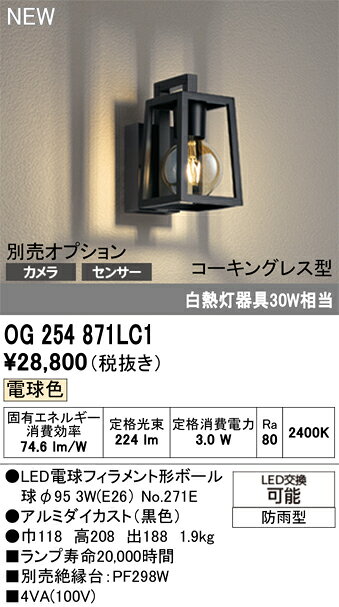 エクステリア 屋外 照明 ライトオーデリックODELIC ポーチライト OG254871LC1 電球...