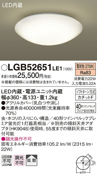 パナソニック　Panasonic 【小型シーリングライトLGB52651LE1 電球色LGB52654LE1 温白色LGB52650LE1 昼白色アクリルカバー（乳白つや消し） 引掛シーリング方式プレミア蛍光灯40形相当】 天井照明 おしゃれ ライト