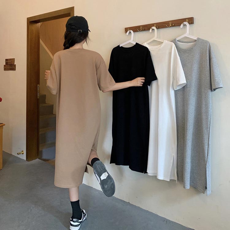 ワンピース レディース 春夏 半袖 リラックス感 ゆったり サイドスリット ロングTシャツ Tシャツワンピース カジュアル 着痩せ 体型カバー お洒落 シンプル 通気性 薄手 無地 ゆったり ルームウェア 送料無料