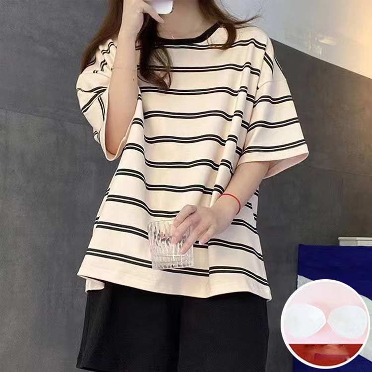 ルームウェア レディース 夏服 可愛い お洒落 ショートパンツ トップス 上下セット 半袖Tシャツ カップ付き ボーダー 部屋着 セットアップ パジャマ カジュアル オーバーサイズ ラウンドネック ウエストゴム 送料無料 2