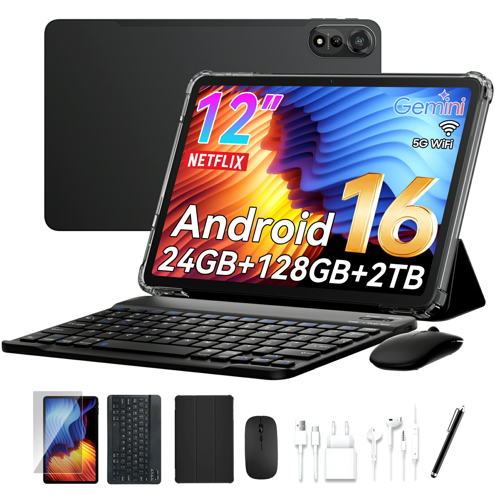 【クーポンで24,999円】 Android 16 タブレット 12インチ セット版 android16 タブレット 12インチ Wi-Fiモデル 2K高精細大画面 Gemini AI 24GB+128GB+2TB拡張 9000mAh 8コア CPU 4G LTE通話/5G Wi-Fi/WideVine L1/Netflix/PCモード/GPS/顔認証/キーボード/OTG変換器付き
