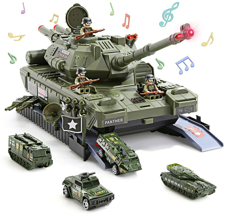 【タンクセット】合金と高質のABSで作られた戦車セット、丈夫な作りなので、安心して遊べられます。タンクモデル、合金ミニカー、ドール、大型本体に！楽しく遊んでいるうちに子供の創造力と想像力を発揮させ、認知能力も向上させます！ 【両モード遊び】遊び方の多様性のために、タンクモード/トラックモードの両モードが付き、お子様の興味を強く出せます。 タンクモードは、タンク本件を走ってミサイルを発射するという遊び方になります。★ミサイルは上下にスイング可能、タレットは回転可能。 トラックモードは、本体を展開し軍事基地を真似して、発射レールにはミニカーを発射できます。兵士のドールも設置し、リアルな軍事基地シーンを真似しよう！ 【合金ミニカー＆ドール】小さくてミニサイズの車&ドールで子供の手に持ちやすくて小さな手でも簡単に握られます。 ★合金ミニカーは簡単に手を押すだけで前に走っていけます! ★ドールに固定されるスロットが付き、おままごとプレイにとても適切！ 【大型収納スペース】本体の内部には大容量のスペースが付き、全部のパーツを収納できます。合金ミニカー専門の内臓ストレージデザインので、他のパーツと別々収納可能です。遊びだけなくて、日常の収納にも便利なデザインです。