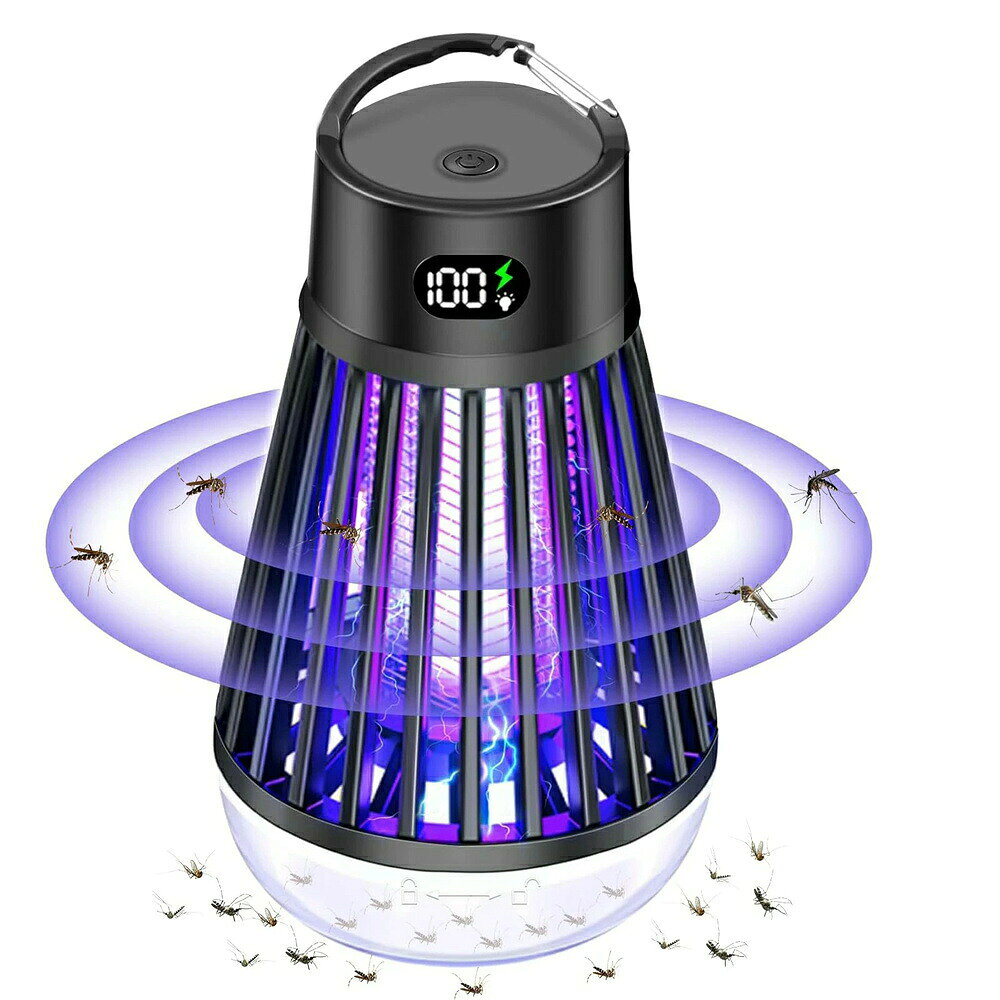 【3in1電撃殺虫器・LEDランプ照明】最新技術を使用し、補虫蛍光管を内蔵してパワーアップ、従来品より有効範囲が広がりまして、360°全方位スキャナーしたりして蚊などを誘惑します。内部には密集する静電ネット式設計で、害虫が内側の高圧電撃ネットを触れると瞬時に感電死させます、殺虫効果抜群です。虫対策として、蚊に刺されない、安心で眠れる環境を作ってくれて、夏場に欠かせない蚊取りライトです。また、この電撃殺虫器にはLEDライト機能も付いています。LEDランタン照明と電撃殺虫を同時利用することができます。3つのモードが調整可能で： 殺虫モード 照明モード 殺虫+照明モード。UV光源式蚊取り器だけでなく、飾りの照明ライトとしても使えます。 【物理虫除け・薬剤不使用】360°全方位UV光源吸引式なので、物理的に蚊を殺します、薬剤を一切使わず。虫が好む光に集まる習性を利用して光で虫を引き寄せ、電撃ショックで一瞬蚊や蛾などの虫を殺す紫ライト誘引式の殺虫ライトです。物理的な殺虫方法を採用した電撃殺虫器で、無害無臭、煙や匂い、有害な化学物質などまったくないので、蚊取り線香や虫よけスプレーより安全で。電撃殺虫器は高品質で環境保護ABS素材を採用し、高密度のシェルギャップは7mmであるため、指が高電圧ネットに誤って触れるのを効果的に防ぐことができます。小さなお子様や、犬・猫などのペットがいるご家庭でも安心してお使いいただけます。 【USB充電式・省エネ設計】USB充電式で外での使用も楽々。コンセントがなくて も、捕虫器 はモバイルバッテリーで充電対応可能で。長寿命UVライトを採用、超低消費電力2Wの設計なので、とても経済的環境にやさしいです。約3時間の充電で、一回のフル充電で、殺虫モードの持続使用は約11時間、照明モードの持続使用は約13時間、殺虫+照明モードの持続使用は約7時間。コードレスでも長時間使用できる虫除けライトなので、室内だけではなく、キャンプや夜釣りなどアウトドア用にもピッタリ。 蚊をよりよく駆除するためには、寝室で使用するには2時間前に電源を入れたほうがいい。 【様々な場所で兼用殺虫灯】吊り下げ式＆据え置き式両用設計、庭に吊り下げも可能、室内据え置きもでき、便利にご使用いただけます、操作が簡単で。様々な場所で適用されます！◆家庭用：庭、台所、ベランダ、トイレ、犬小屋、キャンプ、など。◆業務用：食料品店、食堂、民宿、病院、作業現場、養鶏場、養豚場、ハウス栽培場など。◆室外用：キャンプ、登山、旅行など。また、本体の底にトレイがあるので、捕獲された害虫は収納され、付属されているブラシを使って、簡単に手を汚されず掃除できます。殺虫効果向上のため、本製品を一定時間をご利用後ブラシ虫の死骸やホコリを清掃してください。（製品を受け取った後、使用前に充電して、供給電圧が定格電圧と一致していることを確認して、接続が安定していることを確保してください。） 【IPX5防水性・静音設計・安心保証付き】他の蚊取り器と違い,電源ボタンは防水キャンプ設計され、IPX5防水性をお持ち、屋内屋外でもご安心に使用いただけます。不快な音なし、睡眠や仕事の邪魔にはならない電撃殺虫器です。