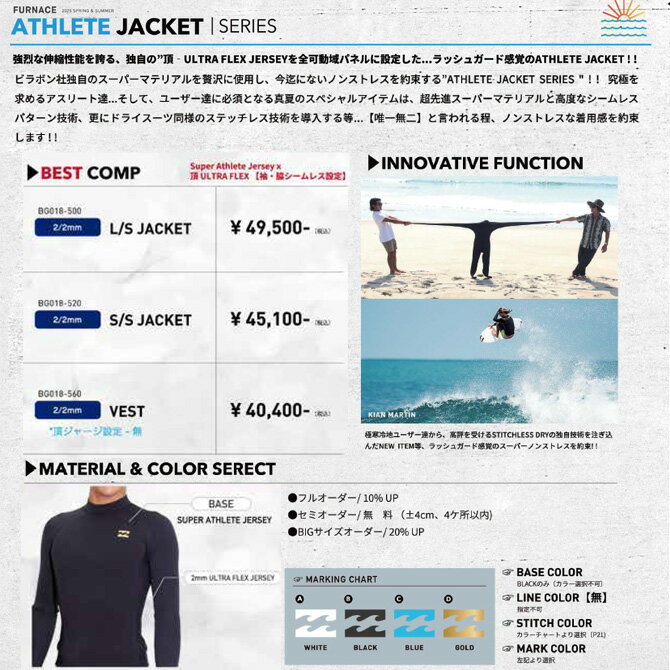 オーダー　ビラボン ウェットスーツ　アスリートジャケットシリーズ バックジップ ...