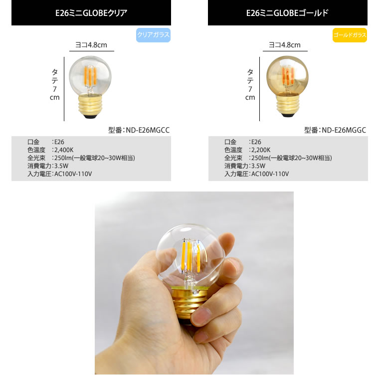 【2個セット】【調光器対応】【E26ミニボール形】エジソン バルブ EDISON BULB (LED/3.5W/100V/口金E26) E26ミニGLOBE 昼白色 電球色 ミニ丸型 LED 照明 エジソン電球 ボール球 暖色