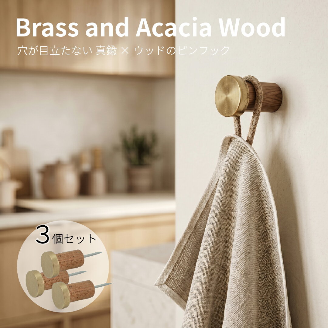 [3個セット] 穴が目立ちにくい 木とBRASSのスチールピンフック 送料無料 壁 フック 賃貸OK 穴が小さい ピンフック 真…