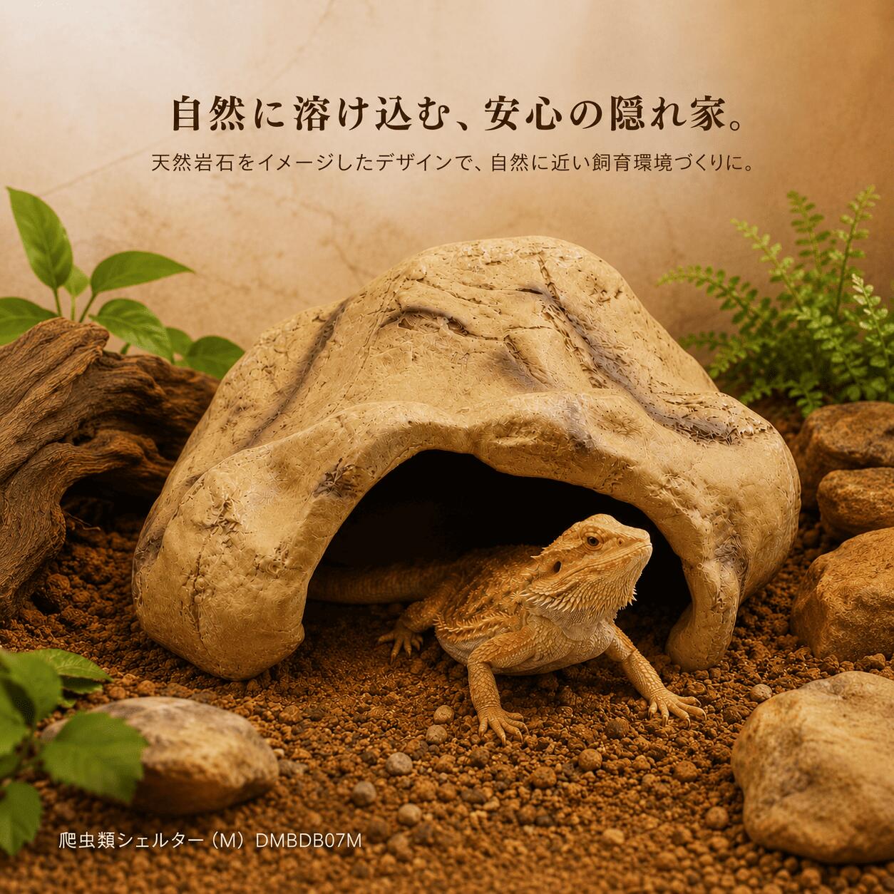 商品情報商品名爬虫類シェルター（M) 　岩石デザイン　ヘビ　トカゲ　レイアウト　ケージ　爬虫類　両生類　隠れ家　ヤモリ　樹脂サイズ長さ：20cm　幅：14.5cm 　高さ：9cm素材樹脂商品説明（天然岩石風デザイン）自然な岩石をイメージした爬虫類用シェルターです。リアルな岩石調の質感がケージ内のレイアウトに自然に馴染み、自然感のある飼育環境づくりに役立ちます。（丈夫な樹脂素材）耐久性に優れた樹脂素材を採用。汚れが付きにくく、水洗いも可能なため、お手入れが簡単で清潔な状態を保ちやすい設計です。（安心して隠れられる空間）適度な暗さのある隠れ家として、生体のストレス軽減をサポートします。（多種多様なペットに対応）サイズに応じて幅広い生体に対応でき、本サイズはヘビ、トカゲ、カメなどの中小型爬虫類におすすめです。ご注意ご購入前に必ず商品のサイズをご確認ください。製造工程上、色味や質感、サイズには若干の個体差が生じる場合があります。爬虫類シェルター（M) 岩石デザイン　ヘビ　トカゲ　レイアウト　ケージ　爬虫類　両生類　隠れ家　ヤモリ　樹脂 天然岩石をイメージしたデザインで、より自然に近い飼育環境づくりに役立ちます 5