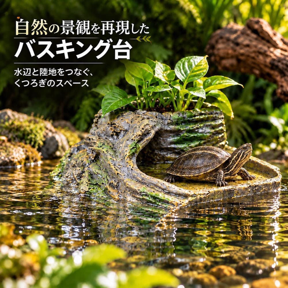 商品情報商品名カメ 晒し台 流水 バスキング台 NS134 水耕栽培 植物対応 隠れ家 シェルター 爬虫類 樹脂製 岩風 浮島 カメ台 亀 水槽 レイアウト アクアテラリウム 飼育用品 DMBサイズ約 幅14cm × 奥行15cm × 高さ8cm商品説明自然な岩場をイメージしたデザインの、カメ用バスキング台です。水辺から登りやすい傾斜のある形状で、カメの休憩や日光浴スペースとしてお使いいただけます。内部には隠れ家スペースを備え、落ち着いて休める環境づくりにも便利です。上部には植物をセットできるスペースがあり、水耕植物と組み合わせて自然感のあるアクアテラリウムを演出できます。流水レイアウトにも合わせやすく、水槽内を立体的で自然な雰囲気に仕上げたい方におすすめです。樹脂製のため扱いやすく、カメや小型爬虫類の飼育環境づくりに幅広く活用できます。特徴「日光浴・休憩に使えるバスキングスペースカメが水中から上がってゆっくり休めるバスキングスペースを備えています。自然な岩場をイメージした形状で、水槽内の雰囲気にもなじみやすいデザインです」「隠れ家付きで落ち着ける空間本体下部にはカメが入り込める隠れ家スペースを設けています。休憩場所や身を隠せるスペースとして使用でき、立体的な飼育環境づくりに役立ちます」「水耕植物を楽しめる植栽スペース上部には植物をセットできるスペースを配置。水耕植物などと組み合わせることで、水槽の中に緑を取り入れた自然なアクアテラリウムを演出できます」「流水レイアウトにもおすすめ高低差のある岩風デザインを活かし、水の流れを組み合わせたレイアウトにも対応。滝や小川のような雰囲気を演出し、水槽内をより立体的に見せられます」「 自然感のあるリアルな岩風デザイン凹凸や岩肌の質感を再現した樹脂製デザイン。グレーやグリーンを基調とした落ち着いた色合いで、水草や流木、砂利などとも合わせやすくなっています」カメ 晒し台 流水 バスキング台 NS134 水耕栽培 植物対応 隠れ家 シェルター 爬虫類 樹脂製 岩風 浮島 カメ台 亀 水槽 レイアウト アクアテラリウム 飼育用品 水辺と陸地をつなぐ、心地よいバスキング空間 5