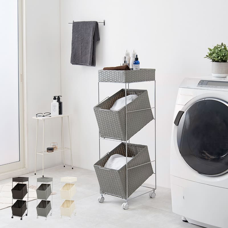 ランドリーラック 3色展開 ラタン風 バスケット2個 幅28高さ103cm キャスター付けるだけ 簡単組立 RAN-2425 萩原