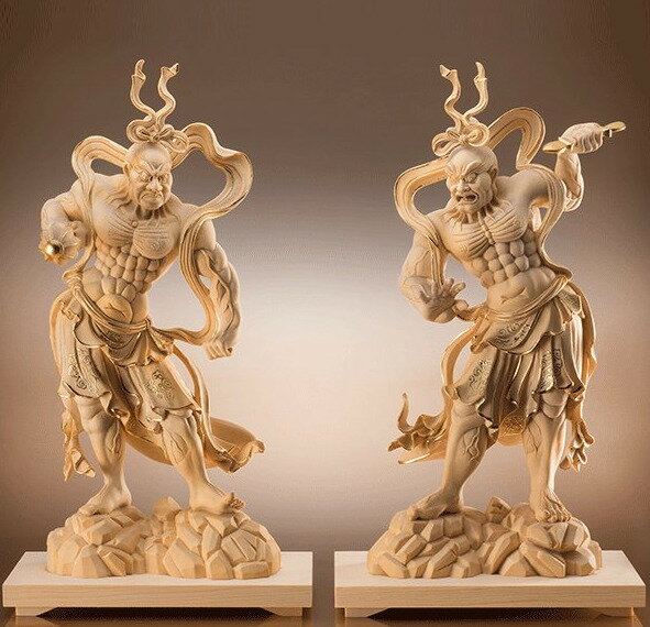 【代引き不可】金彩天然檜一杢彫り 金剛力士像 二尊一組 仏像 東洋彫刻 彫刻 厄除け 仁王像 仁王様 二王様 阿吽 あうん 阿形像 吽形像 阿吽セット 阿吽像 ...