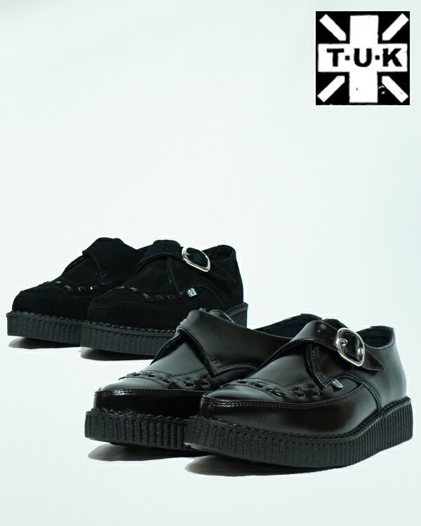 靴 ポインテッドトゥ モンクストラップ レザー ラバーソール TUK Pointed Buckle Creepers A8520 A8139 Black ローカット ブラック パンク ロカビリー メンズ