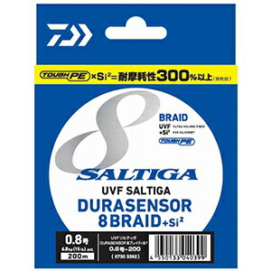 圧倒的耐摩耗性「デュラセンサー」。 ?新原糸TOUGH PE採用?TOUGH PExNEW Evo Silicone?＝耐摩耗性300％以上（当社比）?圧倒的スペックと低価格?こだわりのラインアップ（SLJに最適な0.6-300m、0.8-300mを追加） カラー 10m×5色（ライムグリーン／オレンジ／パープル／ピンク／ソルティガブルー）、1mマーキング「黄・黒・黄・黒・黄」、5mマーキング：黄（ロング） ★仕様・規格・寸法★メーカー[ダイワ DAIWA (グローブライド GLOBERIDE)][UVF SALTIGA DURA SENSOR×8＋Si2]