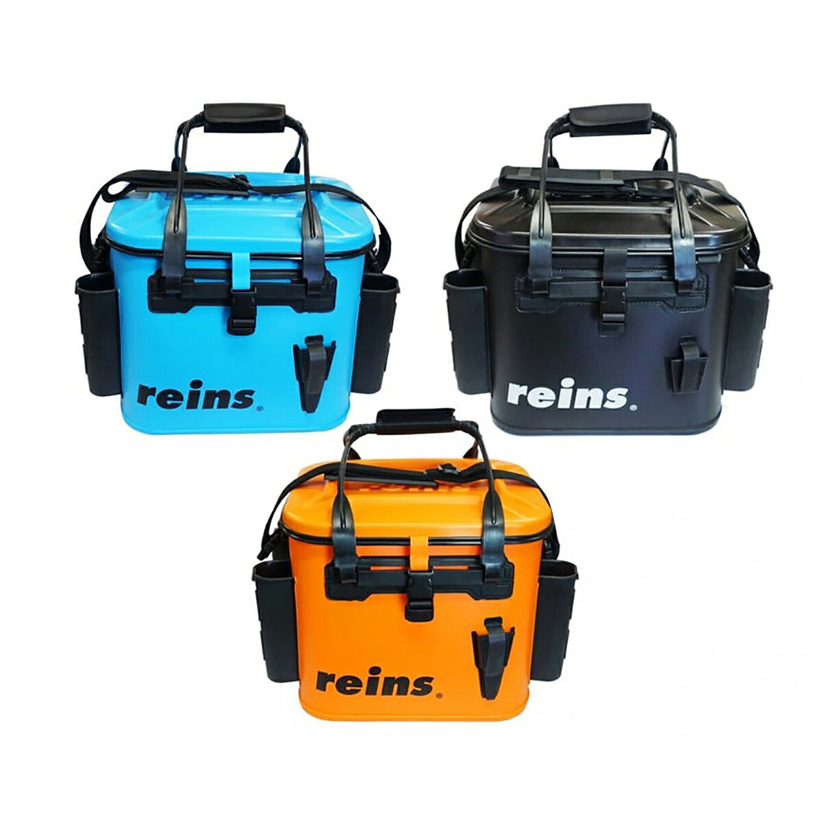 ロッドホルダー4本装備 ミドルサイズバッカン新登場!!・4個のロッドホルダー(reinsフィッシュグリップSPホルダーとしても最適)を備え、タックルの運搬に便利。・プライヤーホルダー(前面)、脱着式ショルダーベルトを標準装備。・天板はreinsロゴ入りセミハードタイプで開閉が簡単なワンタッチバックルを採用。★仕様・規格・寸法★サイズ 外寸 ： 41×28×30() ※ロッドホルダーを含む収納部分内寸 ： 30×24×27()