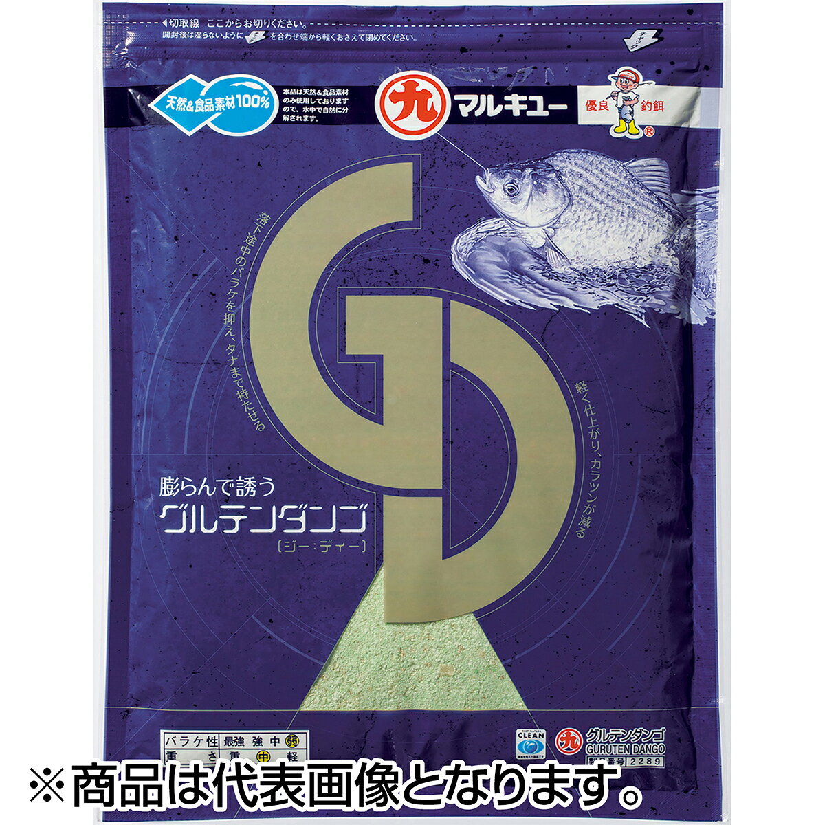 タナまで持たせ、タナで膨らむ「GD」グルテンが麩を包み、落下途中のバラケを抑えてタナまでエサを持たせます。そして狙いのタナで膨らみ、芯がやわらかくなるのでカラツンを抑制。お使いのエサにブレンドすることで、軽くてしっかりタナまで持つエサに仕上がります。★仕様・規格・寸法★内容量：300gブレンド例■落ち着かせて釣り込む浅ダナ両ダンゴ「カクシン」400cc+「コウテン」100cc+「グルテンダンゴ」100cc+水225cc■秋口〜初冬、新べら狙いのチョーチン両ダンゴに「カクシン」400cc+「カルネバ」120cc+「グルテンダンゴ」120cc+水200cc釣果情報「グルテンダンゴ」を使用した釣果情報を「へら鮒天国」で検索！ >>主原材料・栄養成分・保存方法主原材料：麩、グルテン、増粘剤、香料栄養成分：粗タンパク28.8％以上、粗脂肪0.9％以下、粗灰分1.2％以下、炭水化物63.2％以下保存方法：直射日光・高温多湿を避けて保存してください。