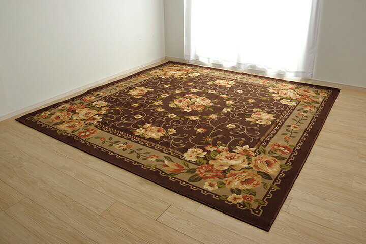 261 cm X 261 cm - 【メーカー直送】イケヒコ カーペット 撥水 速乾 ナイロン 花柄 ブラウン 江戸間4.5畳 約261×261cm｜1340560063502