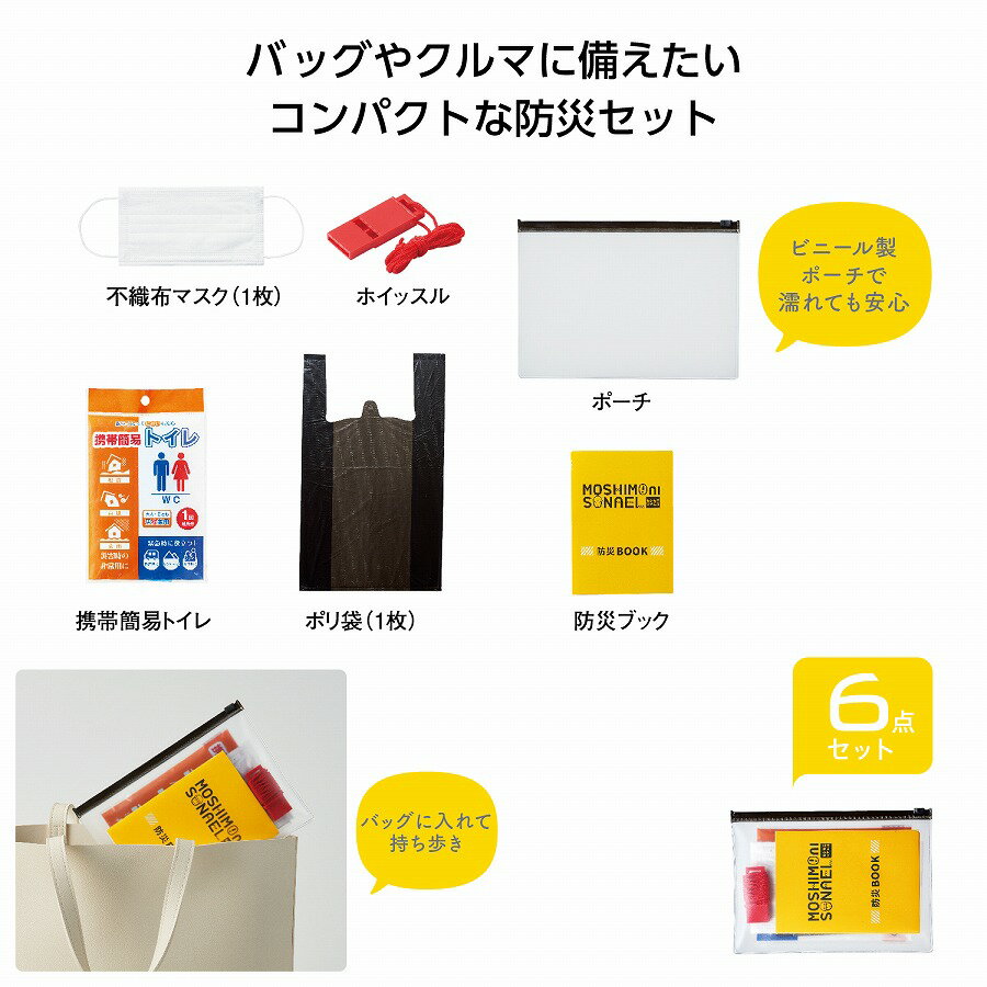 ★カートの数量について200個単位でご注文願います※ご注文単位以外は、キャンセルさせて頂きます●セット内容：ポーチ・携帯簡易トイレ・ホイッスル・不織布マスク×1・ポリ袋×1・防災ブック●包装袋サイズ：160×220×20mm●材質：PVC・不織布複合PE・IXPE・ABS・PP(不織布)・PE・紙