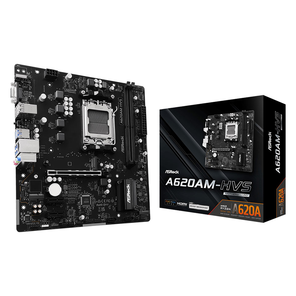 AMD AM5 ソケット Ryzen 9000, 8000 および 7000 シリーズ CPU に対応したMicro ATX規格のマザーボードです。保証期間：メーカー保証仕様オリジナル機能- デュアルチャネル DDR5- 4+1+1 電源フェーズ, Dr.MOS for VcoreEZ 更新- BIOS Flashback スイッチ- ASRock Auto Driver InstallerEZ トラブルシューター- ASRock ポストステータスチェッカーCPU- AMD AM5 ソケット Ryzen 9000, 8000 および 7000 シリーズ CPU に対応**詳細情報については ASRock のウェブサイト内の「CPU サポート一覧表」を参照してください.利用可能な拡張スロットはCPUに応じて異なります。 詳細は PCIe/M.2 帯域幅表を参照してください.チップセット- AMD A620Aメモリー- デュアルチャネル DDR5 メモリテクノロジー- 2 x DDR5 DIMM スロット- DDR5 non-ECC、アンバッファード・メモリに対応 最大 6800+(OC)*- システムメモリの最大容量: 128GB- 究極のメモリプロファイル (XMP) および オーバークロッキング向け拡張プロファイル (EXPO) メモリ モジュール*詳細情報は ASRock のウェブサイト内のメモリーサポート一覧表をご覧ください。BIOS- GUI でサポートされた 256Mb AMI UEFI Legal BIOS内蔵グラフィックAMD RDNA グラフィック統合型 (実際のサポートは CPU によって異なることがあります)- 1 x HDMI 2.1 TMDS/FRL 8G 対応, HDR、HDCP 2.3 に対応、最大解像度 4K 120Hz- 1 x D-Sub, 最大解像度 Full HD (1920x1080) 60Hz に対応オーディオ- 7.1 チャンネル HD オーディオ (Realtek ALC897 オーディオコーデック)ネットワーク- ギガビット LAN 10/100/1000 Mb/s- Realtek RTL8111H拡張スロットCPU:- 1 x PCIe 4.0 x16 スロット (PCIE1), x16 モード*Chipset:- 2 x PCIe 3.0 x1 スロット (PCIE2 および PCIE3)*- 1 x M.2 ソケット (Key E), タイプ 2230 WiFi/BT PCIe WiFi モジュール- VGA PCIe スロットに 15μ ゴールドコンタクトを採用 (PCIE1)*PCIE1 は、9000 および 7000 シリーズ プロセッサでは Gen4x16、8000 (Phoenix 1) シリーズ プロセッサでは Gen4x8、8000 (Phoenix 2) シリーズ プロセッサでは Gen4x4 で動作します.起動ディスクとして NVMe SSD に対応ストレージCPU:- 1 x ハイパー M.2 ソケット (M2_1, Key M), タイプ 2280 PCIe Gen4x4（64 Gb / s）モード対応*Chipset:- 1 x ウルトラ M.2 ソケット (M2_2, Key M), タイプ2260/2280 SATA3 6.0 Gb/s および PCIe Gen3x4（32 Gb / s）モード対応*- 2 x SATA3 6.0 Gb/s コネクタ*M2_1 は、M.2 インストールの最優先事項です。起動ディスクとして NVMe SSD に対応RAID- SATAストレージデバイス向けにRAID 0およびRAID 1をサポートします。- M.2 NVMe ストレージデバイス向けの RAID 0 および RAID 1 および RAID 10 に対応**RAID 10 をサポートするには、追加の M.2 NVMe 拡張カードが必要ですUSBCPU:- 3 x USB 3.2 Gen1 Type-A (背面 (USB32_2 および USB32_34))Chipset:- 1 x USB 3.2 Gen1 Type-C (前面)- 3 x USB 3.2 Gen1 Type-A (1 Rear (USB32_1)、前面に 2 個)- 8 x USB 2.0 (前面に 4 個、背面に 4 個)*すべてのUSBポートはESD保護をサポートコネクタ- 1 x 電源 LED とスピーカーヘッダー- 1 x RGB LED ポート*- 3 x アドレサブル LED ヘッダー**- 1 x CPU ファンコネクタ (4 ピン) (スマートファン速度制御)***- 3 x シャーシ / ウォータポンプファンコネクタ (4 ピン) (スマートファン速度制御)***- 1 x 24 ピン ATX 電源コネクタ- 1 x 8 ピン 12V 電源 コネクタ (高密度電源コネクタ)- 1 x フロント音源ポート コネクタ- 2 x USB 2.0 ポート (4 USB 2.0 ポート対応)- 1 x USB 3.2 Gen1 ポート (2 USB 3.2 Gen1 ポート)- 1 x フロントパネル Type-C USB 3.2 Gen1 ポート*合計 12V/3A、36W までの LED ストリップに対応**合計 5V/3A、15W までの LED ストリップに対応***CPU_FAN1は最大1A（12W）のファン電力をサポートします。CHA_FAN1~3/WP は最大 3A (36W) のファン電力をサポートします.CHA_FAN1~3/WP は、3 ピンまたは 4 ピンファンが使用されているかどうかを自動検出できます.後部出入力ポート- 2 x アンテナ取り付けポイント- 1 x D-Sub ポート- 1 x HDMI ポート- 4 x USB 3.2 Gen1 Type-A ポート- 4 x USB 2.0 ポート- 1 x RJ-45 LAN ポート- 1 x BIOS Flashback スイッチ- HD オーディオジャック: サウンド入力 / フロントスピーカ / マイクロフォンソフトウェアと UEFIソフトウェア- ASRock マザーボードユーティリティ (A-Tuning)- ASRock Polychrome SYNC*UEFI- ASRock フル HD UEFI- ASRock Auto Driver Installer- ASRock インスタントフラッシュ*これらのユーティリティは APP ショップからダウンロードできます.付属品- 1 x I/O パネル- 2 x SATAフラットケーブル- 1 x M.2 ソケット用ねじ規格- Micro ATX 規格: 9.6-in x 9.0-in, 24.4 cm x 22.9 cm- 2oz コパー製 PCBオペレーションシステム- Microsoft Windows 10 64-bit / 11 64-bit認証- FCC, CE- ErP/EuP ready (ErP/EuP ready の電源供給器と同時使用)