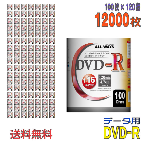 【不定期特価！】 【記録メディア】 ALL-WAYS(オールウェーズ) DVD-R データ用 4.7GB 1-16倍速 ワイドホワイトレーベル 【12000枚(100枚×120個)ケースなし(フィルムパッケージ品)】 (AL-S100P 120個セット) 【送料無料※沖縄・離島・一部地域を除く】 【KSW】