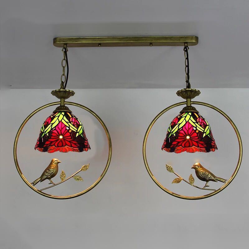 ステンドグラス．ペンダントライト豪華天井照明ステンドグラスランプ ガラス工芸品 2灯 電源直結タイプ
