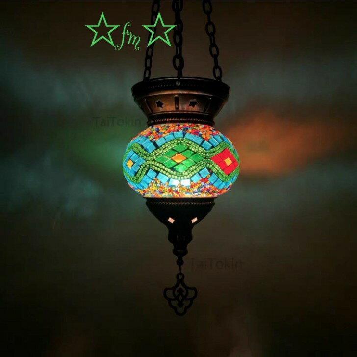 ボヘミア調 トルコ モロッコ風ペンダントライト ．手作りモザイクステンドグラス アンティーク調 シャンデリア 天井照明 電源直結タイプ(3)