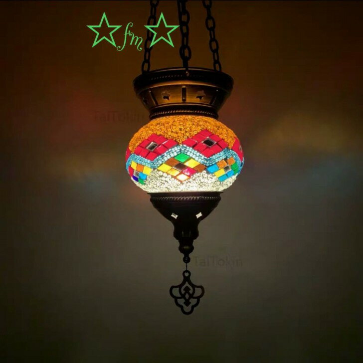 ボヘミア調 トルコ モロッコ風ペンダントライト ．手作りモザイクステンドグラス アンティーク調 シャンデリア 天井照明 電源直結タイプ