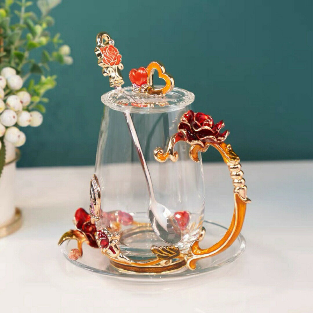 高級ティー・コーヒーカップ&amp;ソーサーセット ガラスカップ1客 花柄バラ