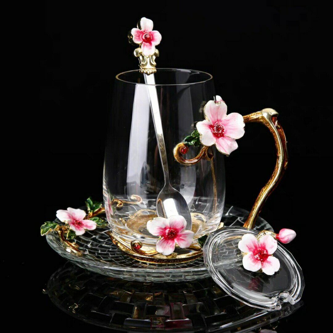 ガラス製ティーコーヒーカップ カップ＆ソーサー1客 花柄 琺瑯質彩カップ