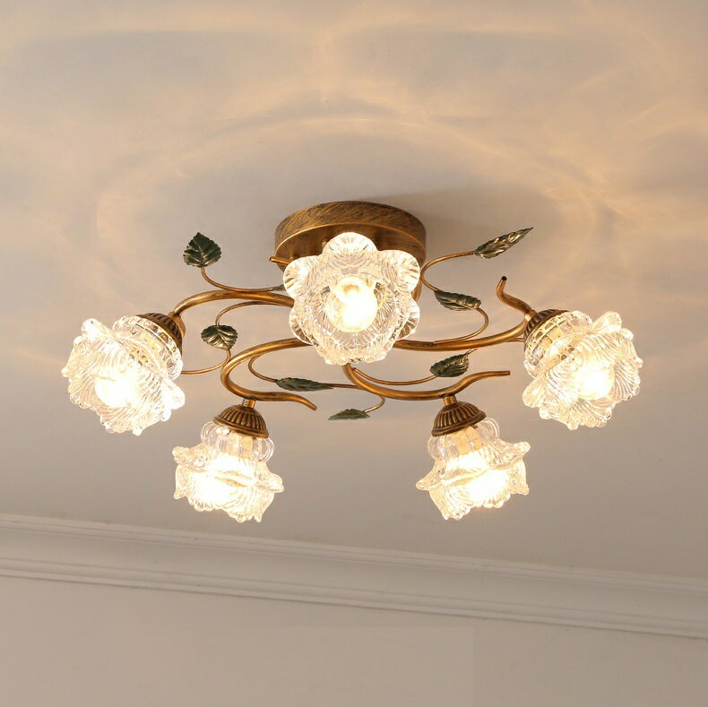 L43-5水晶ガラス.ペンダントライト．洋風照明　シャンデリア　北欧デザイン シーリングライト不可 天井照明 5灯 花柄 電源直結タイプ